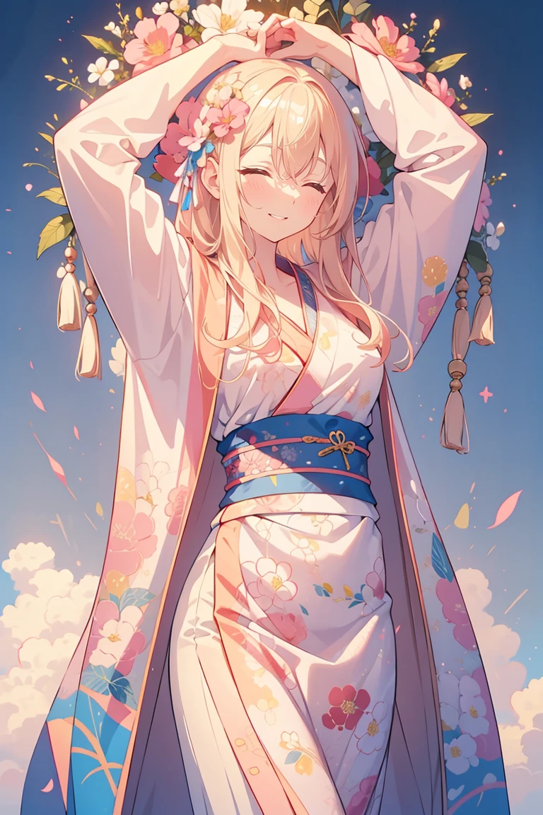 masterpiece:1.3, best quality:1.3, highly detailed, 8k raw, simple_background:1.3, white_background:1.3, female_solo, standing, medium breasts, cowboy_shot, pink floral kimono, closed eyes, look happy, light blonde hair, long straight_hair, cozy,