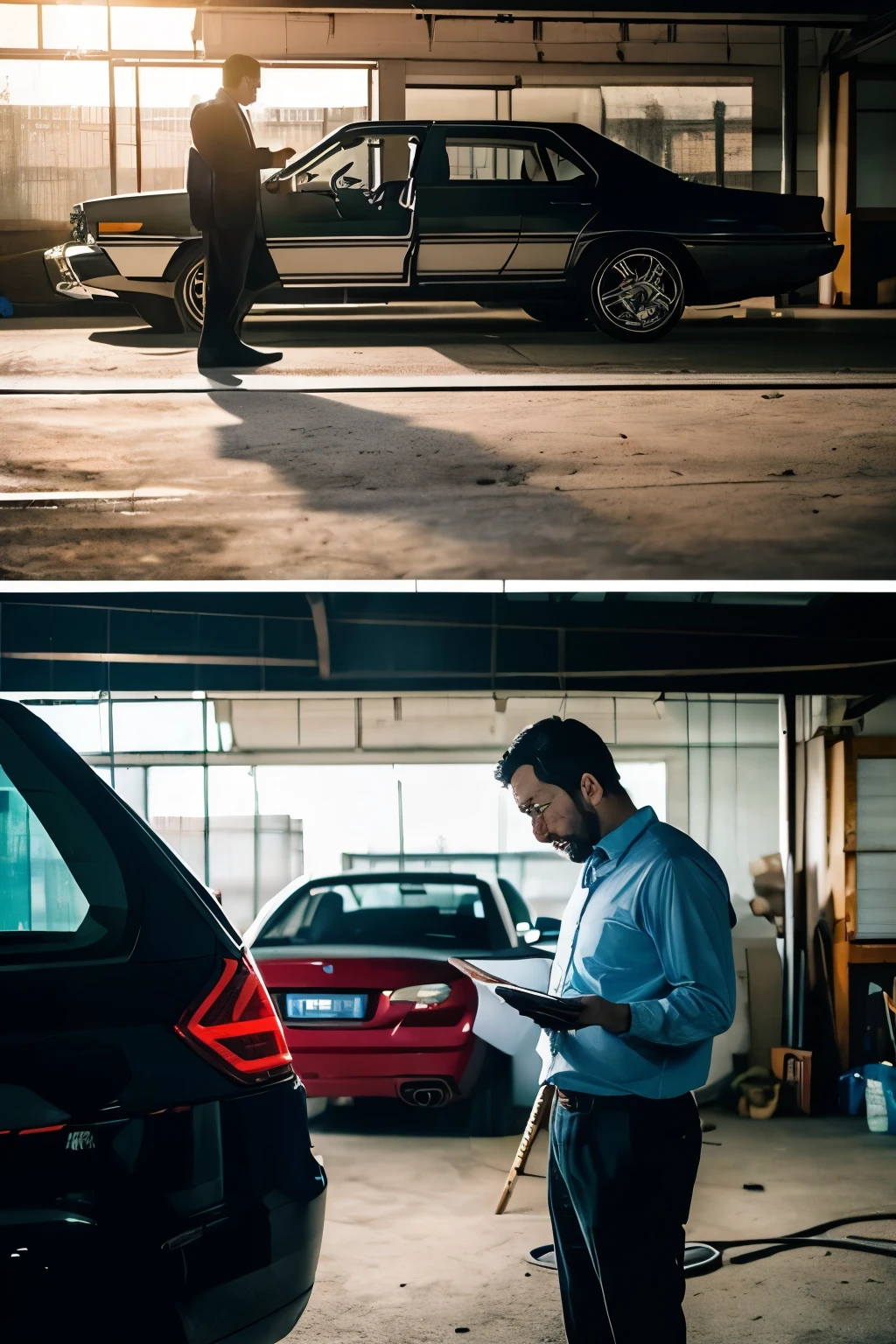 "A scene where a man in his 30s and a contractor wearing work clothes are negotiating the price while checking the actual car in the garage of his home.。The man was talking and pointing at the car with a serious expression on his face.、Businesses are listening carefully。A garage is a common outdoor parking lot for ordinary households.。Pay attention to the clear posture and facial expressions that convey the tension of the negotiations and the expertise of both parties.。The light is natural outdoor light、Add realism and depth to the scene。"