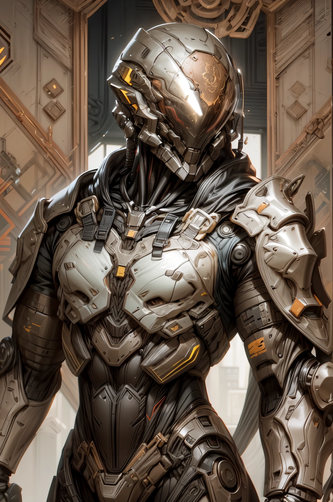 (((An epic and visually stunning digital anime masterpiece, by st theo:1.3, art piece featuring a sylphlike ((masculine male:1.5)) elegant military cyborg soldier clad in a sleek yet tactical armored yet decorated military trench coat:1.3))), (((flat masculine male chest:1.5, mechanical demon robot head with a hood and a narrow visor:1.5))), (((the character is adorned in a (scifi tactical armored open front trench coat with a built in exoskeleton, hood pulled up), (((over a form fitted armor plated yet super sleek and sensually revealing under suit:1.6, thighs and waist exposed:1.5))), the armor plating on the upper arms and shoulders beautifully engraved))):1.4, The image showcases the intricacies of the character’s armor and clothing:1.5, ((capturing their flamboyant feminine essence and heavy mechanical demon aesthetic:1.2)), The character also possesses an androgynous charm, (((with slim yet heavily muscled gorgeous feminine physique:1.2, sylphlike with a sleek waist:1.2, toned yet beautifully sleek cybernetic arms:1.3, mechanical arms and legs:1.3, mecha muscles:1.3))), looking at viewer, (((brass metal armor and brown leather, dieselpunk:1.3))), (((depth of field, cinematic lighting, chromatic aberration, ray tracing, UHD, masterpiece, top of head covered, super detail, high details, high quality, award winning, 8k, highres)))