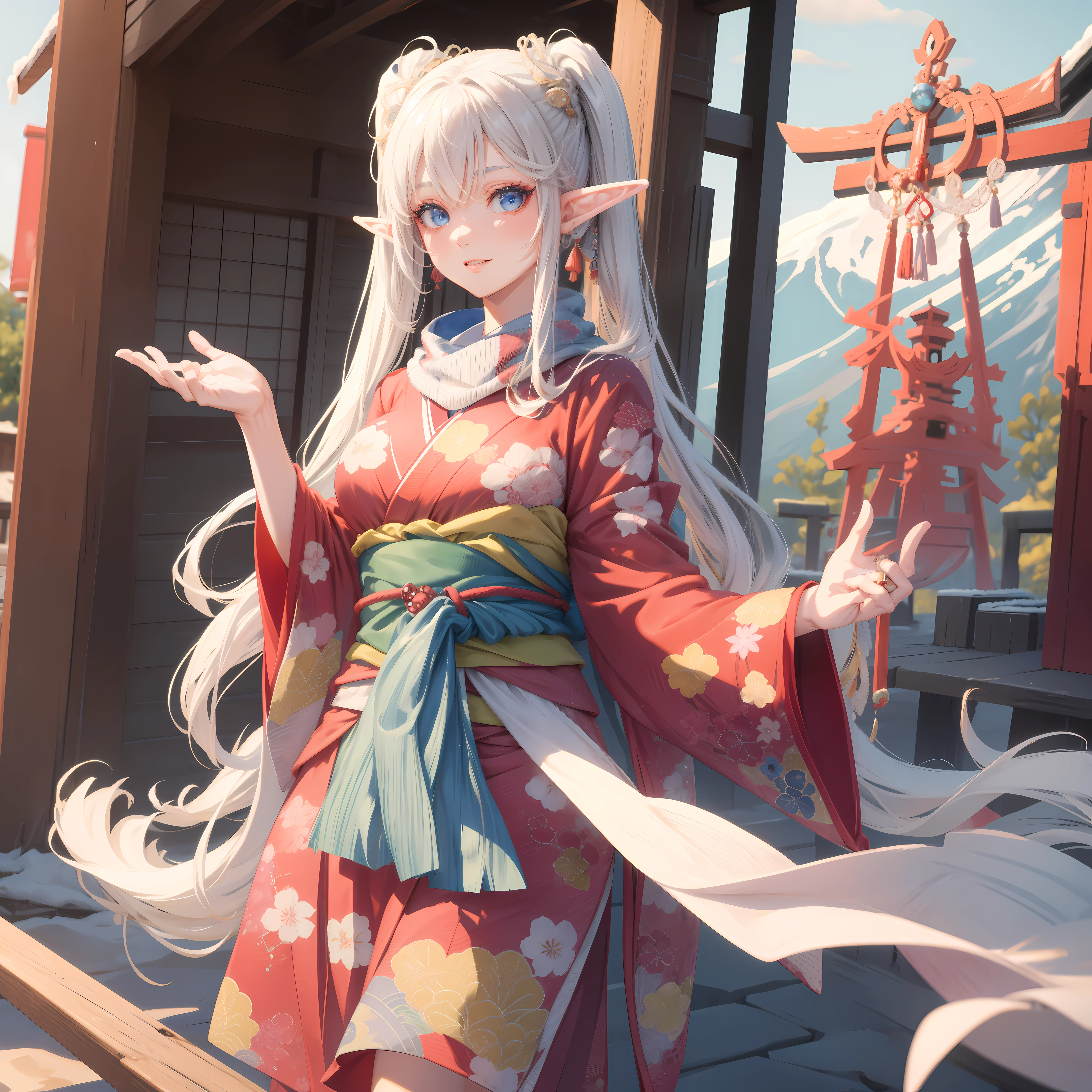 ((masterpiece )), (top quality), (best quality), ((ultra-detailed, 8k quality)), Aesthetics, Cinematic lighting, (detailed line art),
BREAK,
highly detailed of (elf), (1girl), perfect face, details eye, double pigtails hair, Blunt bangs, (hair between eye), blonde white hair, blue eyes, eyelashes, eyeshadow, pink eyeshadow, light smile, design art by Artgerm, by Kawacy, By Yoshitaka Amano,
BREAK,
(scarf), ring, cute kimono, Han'eri, Haori, (geta), cowboy shot, dynamic angle, looking at viewer, hand on Chin, Winter Creek, Japanese architecture, midday, torii, (Mt. Fuji BACKGROUND:1.2), HEXAGON, three-dimensional effect, amano yoshitaka,
BREAK,
((perfect anatomy)), nice body, medium breast, extremely detailed finger, best hands, perfect face, beautiful face, beautiful eyes, perfect eyes, perfect fingers, correct anatomy,
