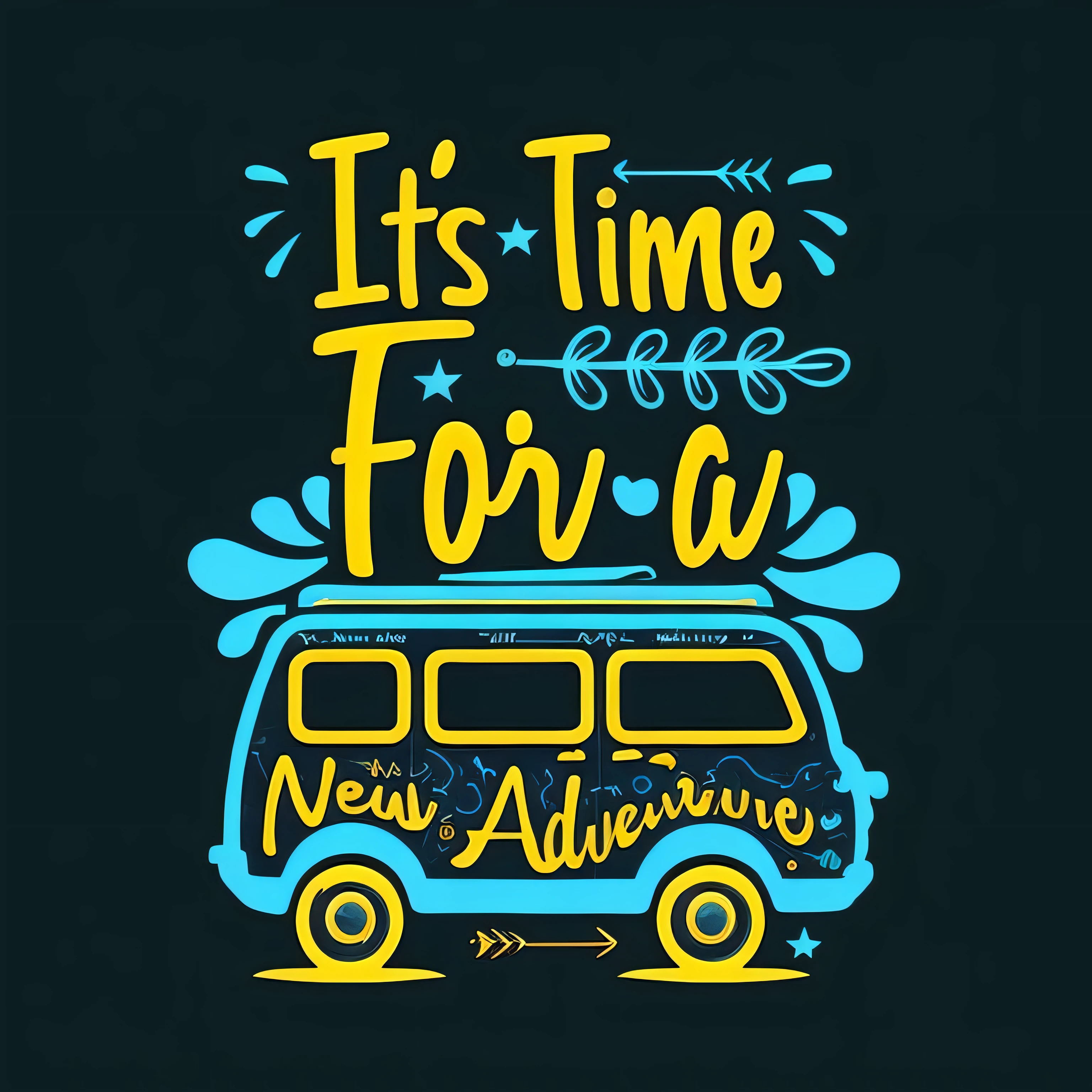 a blue and yellow bus with a surfboard on top of it, new adventure, travel and adventure, 🪔 🎨;🌞🌄, adventure time cartoon, travel in time, expectation of adventure, road trip exciting, t shirt design, road trip, a new, it's night time, 🚿🗝📝, header text”, it, tshirt design