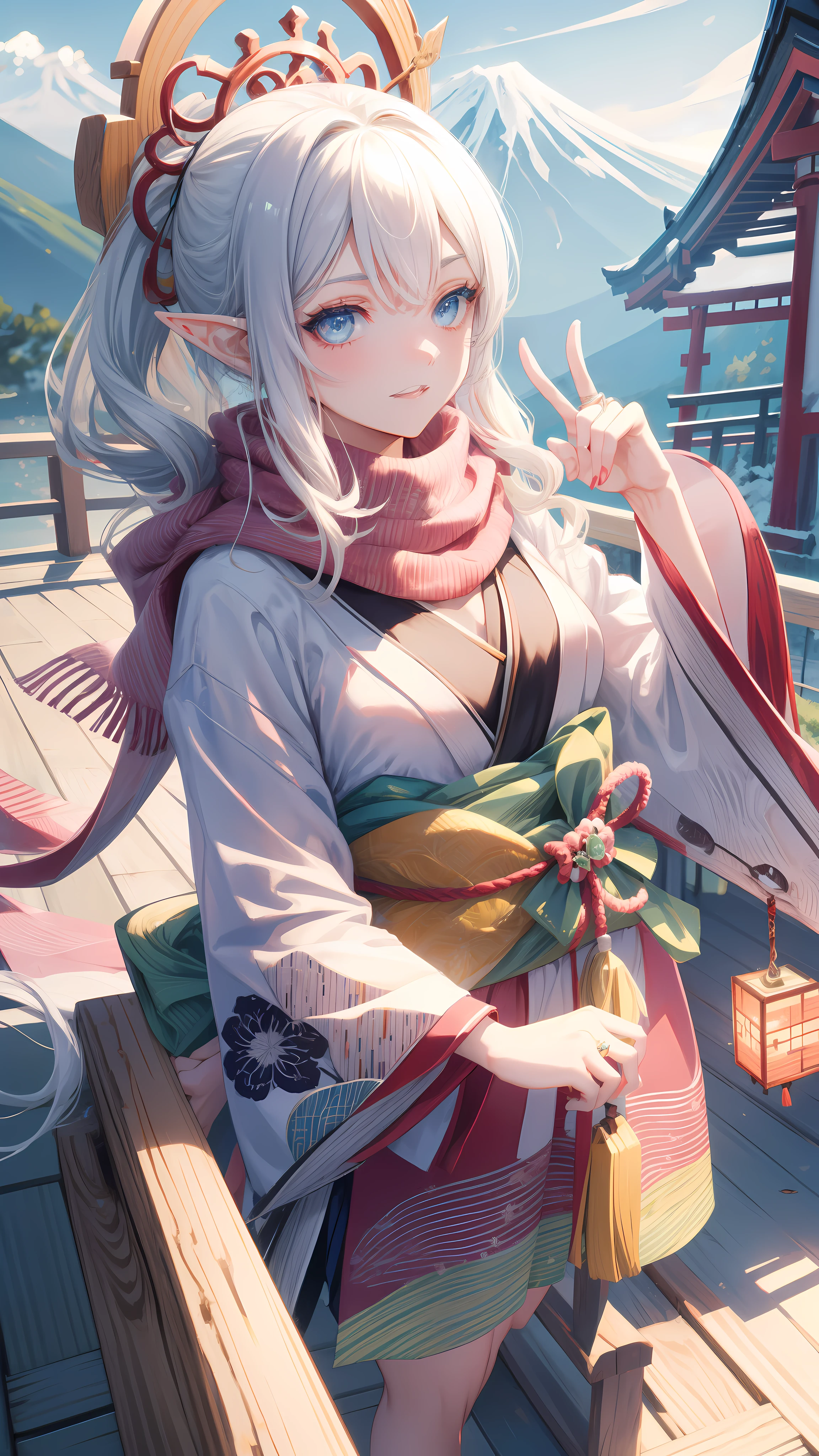 ((masterpiece )), (top quality), (best quality), ((ultra-detailed, 8k quality)), Aesthetics, Cinematic lighting, (detailed line art),
BREAK,
highly detailed of (elf), (1girl), perfect face, details eye, double pigtails hair, Blunt bangs, (hair between eye), blonde white hair, blue eyes, eyelashes, eyeshadow, pink eyeshadow, light smile, design art by Artgerm, by Kawacy, By Yoshitaka Amano,
BREAK,
(scarf), ring, cute kimono, Han'eri, Haori, (geta), cowboy shot, dynamic angle, looking at viewer, hand on Chin, Winter Creek, Japanese architecture, midday, torii, (Mt. Fuji BACKGROUND:1.2), HEXAGON, three-dimensional effect, amano yoshitaka,
BREAK,
((perfect anatomy)), nice body, medium breast, extremely detailed finger, best hands, perfect face, beautiful face, beautiful eyes, perfect eyes, perfect fingers, correct anatomy,