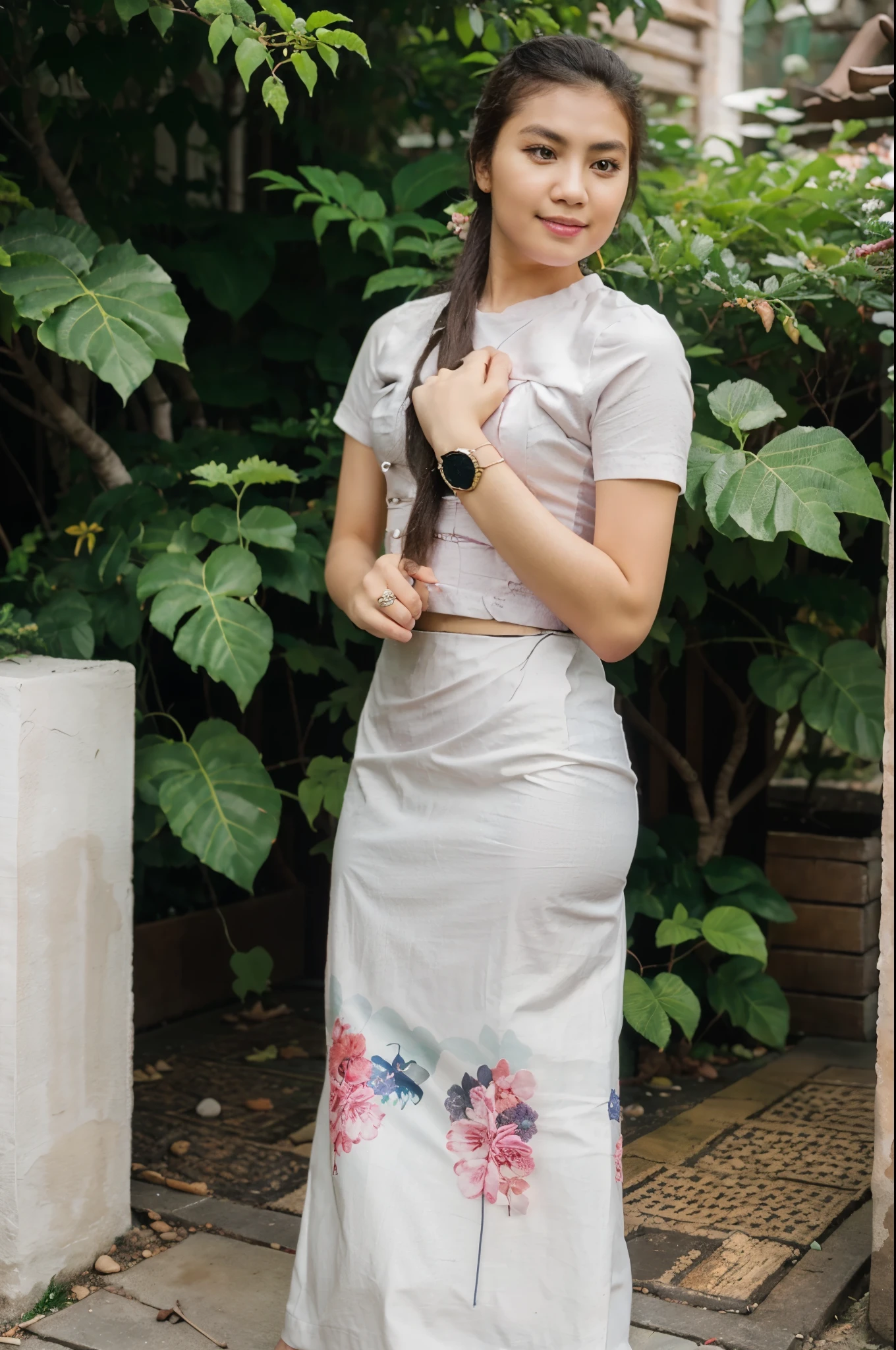 A beautiful 1 girl,walk on,acmm ss outfit, wearing acmm top, light purple acmm top, short sleeves, buttons, wearing acmm long skirt, white and pink with printed acmm long skirt