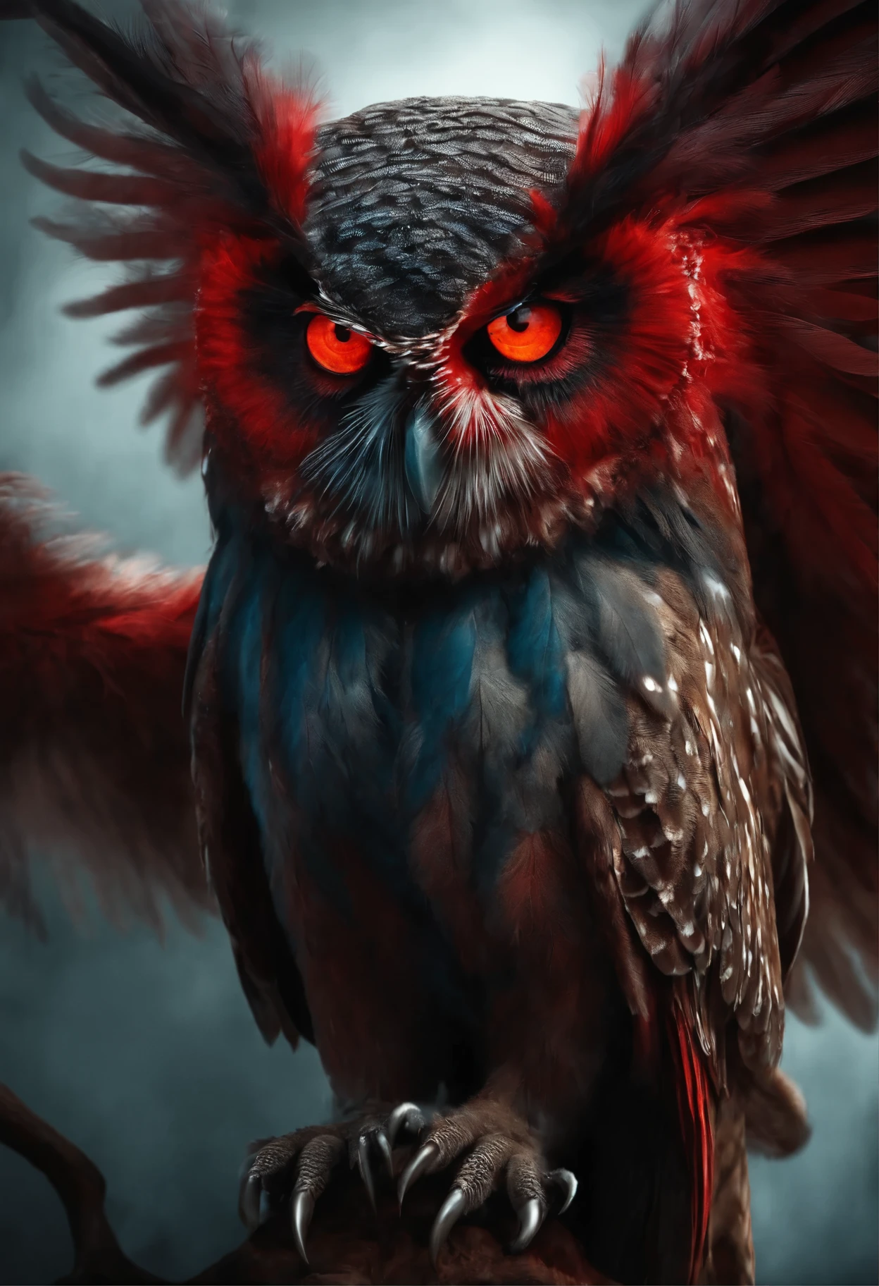 bloodsucker owl, owl monster, Werewolf owl, feathers in the blood, bloody owl