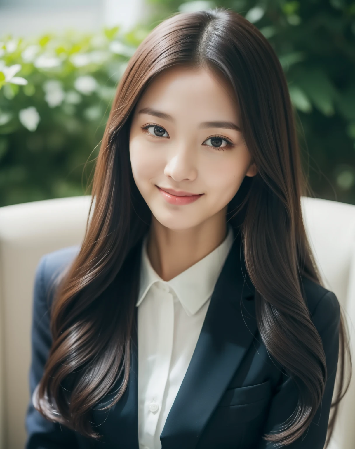 ((best quality, 8K, masterpiece: 1.3)), beautiful girl, pure, melon face, kind and cute, sweet smile, pure desire, slender body, (front), (tilted head), ((looking at camera) ), wearing a navy blue suit, black silky long hair, long flowing shoulders, round black big eyes, clear big eyes, moist red lips, sweet, sitting on a chair, terrace background , (((whole body))),