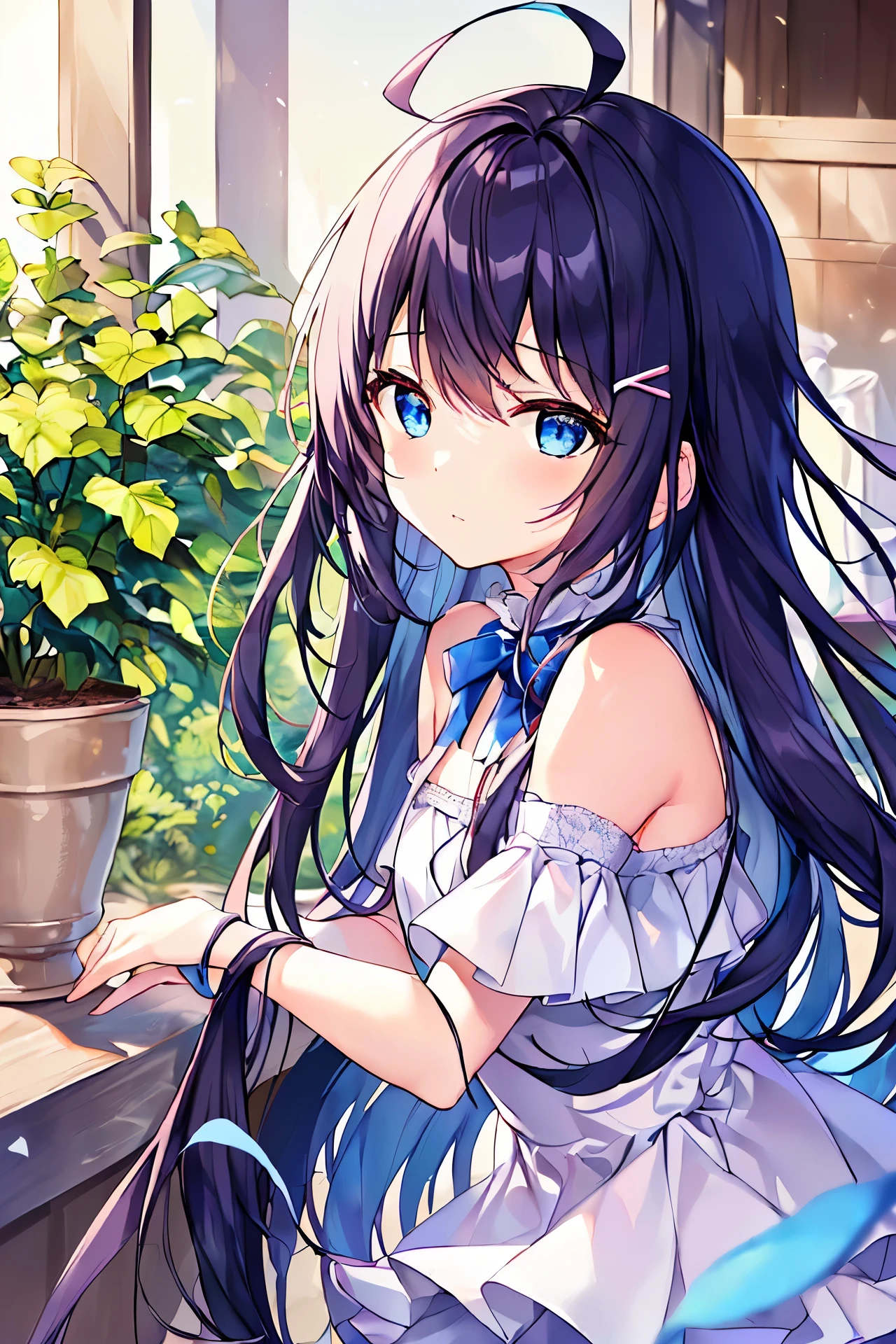 (((masterpiece))), (((Best Quality))), (((high quality))), (((beautiful))), (((8K))), (((highres))), (((absurdres))), (((exquisite))), (((Ultra high definition))), (((High resolution))), (1girl), (Gamine:1.5), (:1.4), (Dark blue straight long hair:1.3), (Very long sideburns of dark blue color), (Super long and thick sideburns of dark blue color:1.4), (dark blue bangs with super large splits:1.3), (Simple Hair Clip:1.3), (ahoge:1.4), (Small blue eyes:1.2), (A little sagging eyes:1.3), (Super thick sideburns and super long sideburns:1.1), (Super long and thick sideburns:1.1), (Extra Ultra Flat Chest:1.2), (extremely small breasts:1.2), (white theme:1.4), (cute classic dress:1.3), (fusion of white High neck blouse and white classic dress:1.4), ((bare shoulders, no Sleeve):1.3), (white ribbon bow:1.3), ((lace and tulle Layered skirt with ruffles, crinoline):1.3), (植木鉢の観葉植物:1.4), (植木鉢の観葉植物:1.4), (植木鉢の観葉植物:1.3), (leaning forward:1.4), (leaning forward:1.4), (leaning forward:1.3), (顔を傾ける:1.4) (笑っている:1.4), (口を開ける:1.4), (笑っている:1.4), (口を開ける:1.4), (純白のベッドの上:1.4), (純白のベッドの上:1.4), (cowboy shot:1.4)