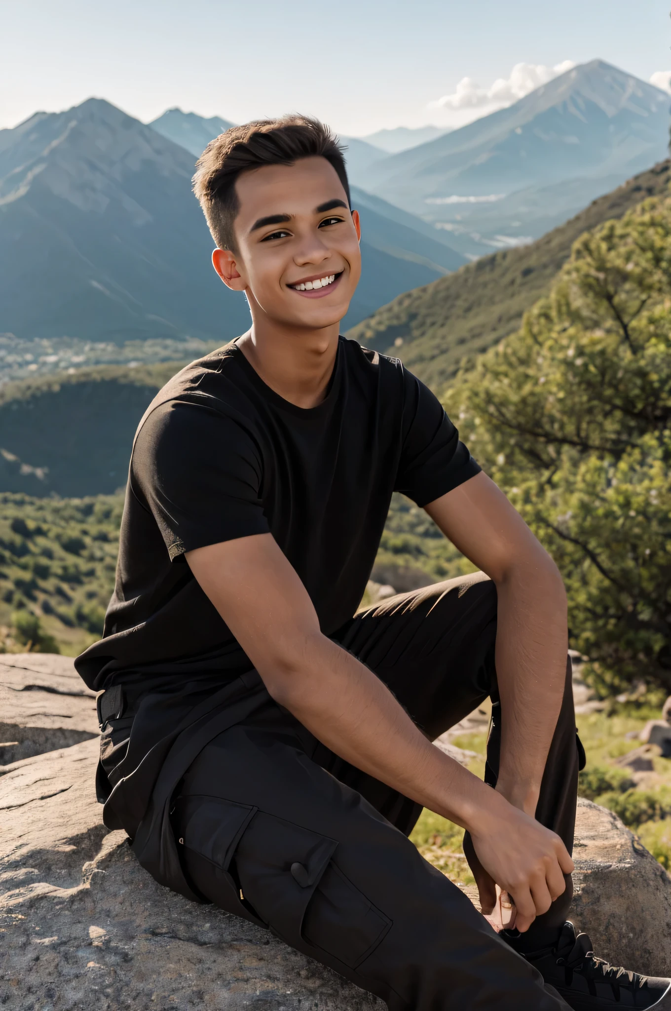 ager boy,19 year old , big forehead, short hairs, light smile, model, sitting on big rock , mountain behind ,black shirt and brown cargo pants, cinematic lights, cinematic lighting, god rays, UHD, masterpiece, ccurate, anatomically correct, textured skin, super detail, high details, high quality, award winning, highres, 4K, HD