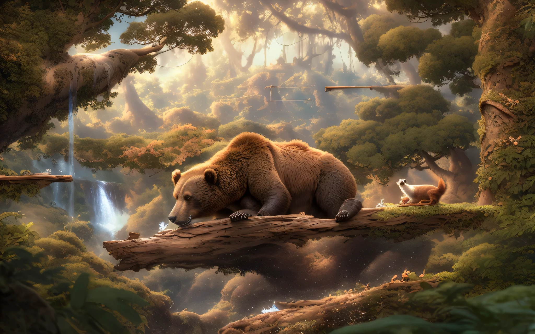 There a brown bear lying on the tree trunk,There are a few little squirrels nearby,3d rendering and matte painting,Disney Vita 8K,High detail matte painting,Highly realistic concept art,Realistic Disney,in crazy movie style,Matte Painting",Weta Disney Movie Still Life Photoatte Painting",In a highly detailed jungle,Super detailed 3d matte painting