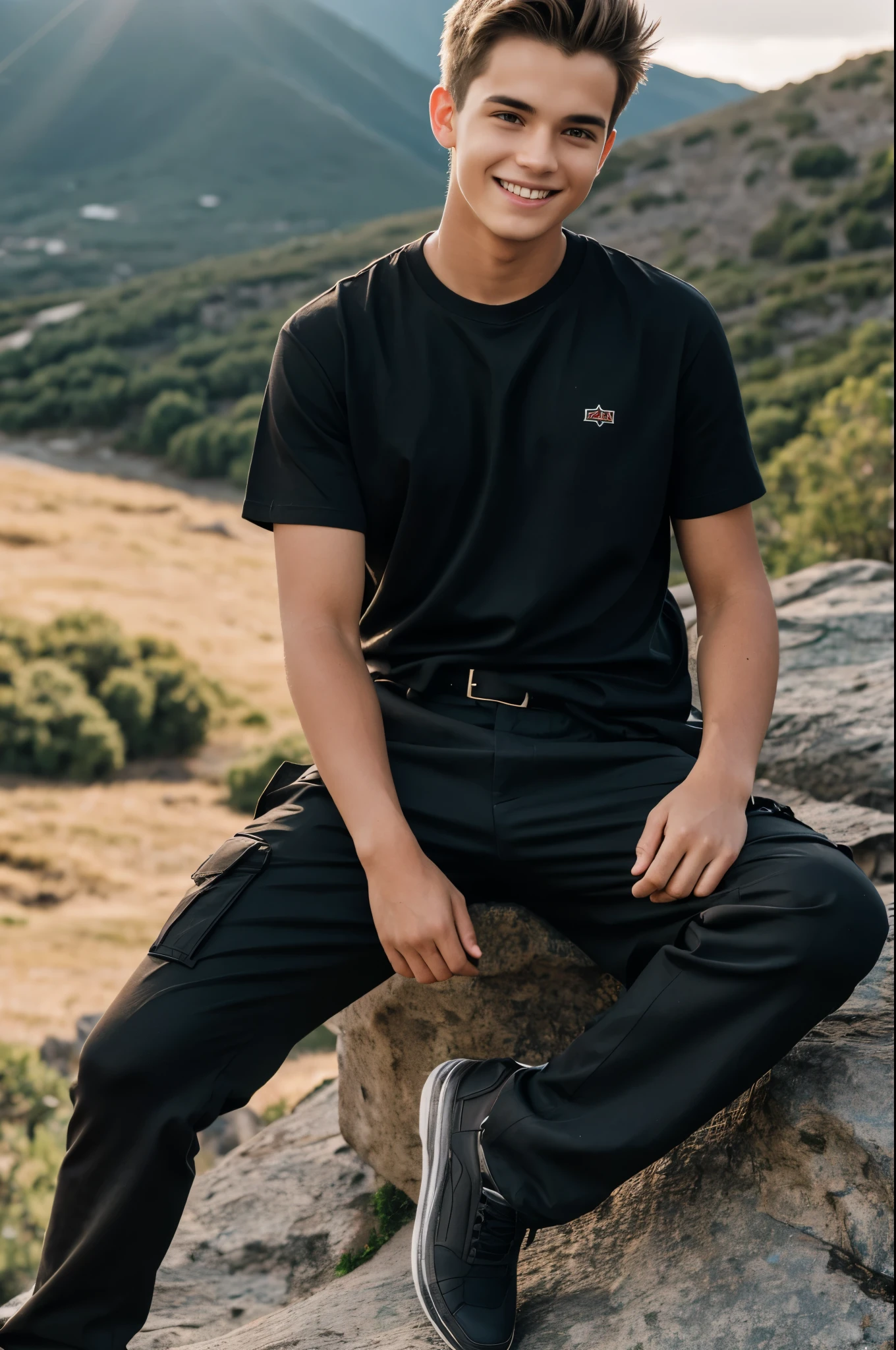 ager boy,19 year old , big forehead, short hairs, light smile, model, sitting on big rock , mountain behind ,black shirt and brown cargo pants, cinematic lights, cinematic lighting, god rays, UHD, masterpiece, ccurate, anatomically correct, textured skin, super detail, high details, high quality, award winning, highres, 4K, HD