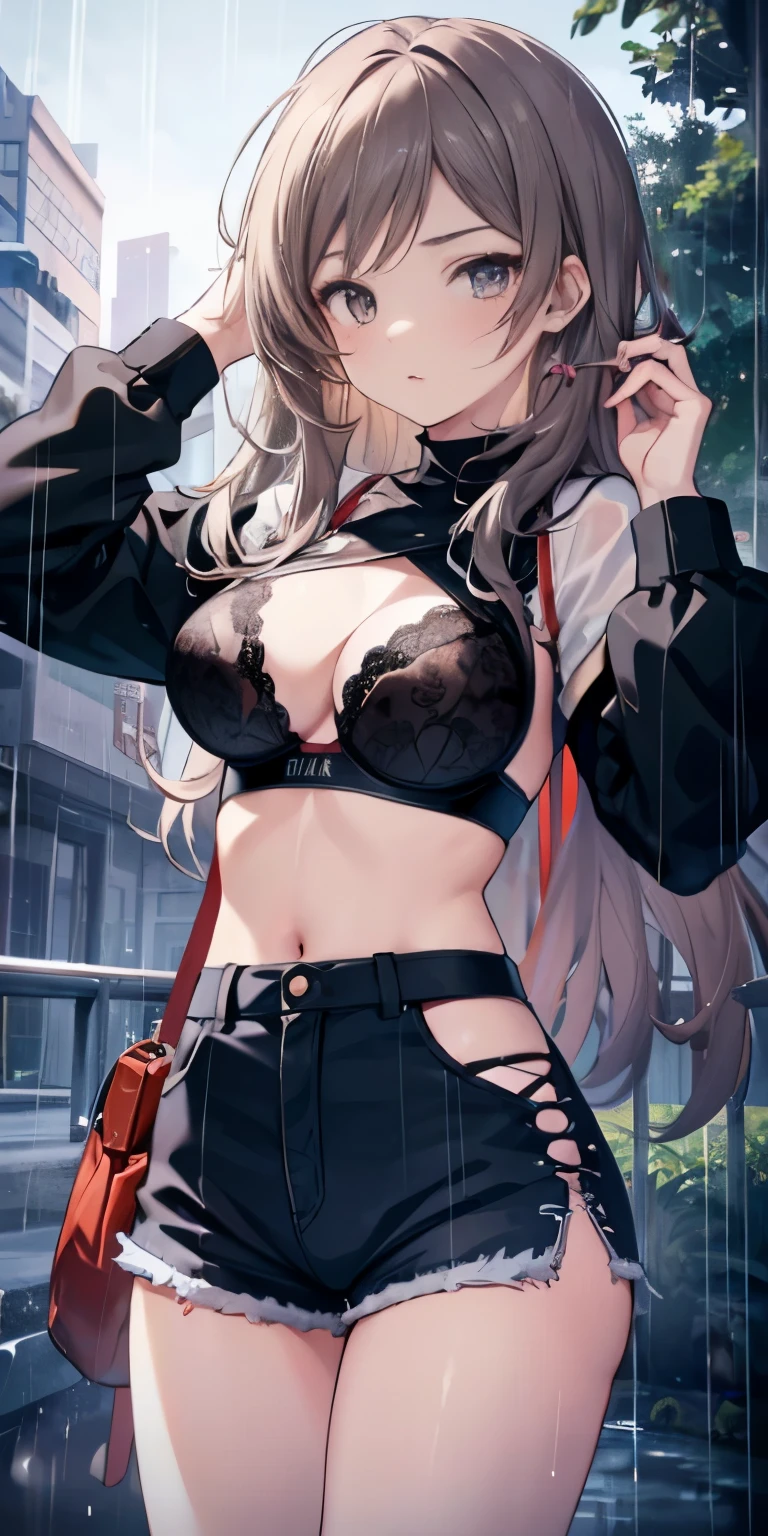 ((masterpiece)), ((highest quality)), ((anime profile style)), ((high definition 4k)), ((anime character)), ((Body watering)), girl, woman's face , white skin, eye, eyelid, pupil, Strong film, irridescent, eyebrow, eyelash, ear, nose, Wet gray hair, head, shoulder, long sleeve shirt, ((Bra under shirt)), Torn open shorts, ( (I'm showing my panties)), arm, ((thick leg thick ground landscape, ((it's raining)), viewer view