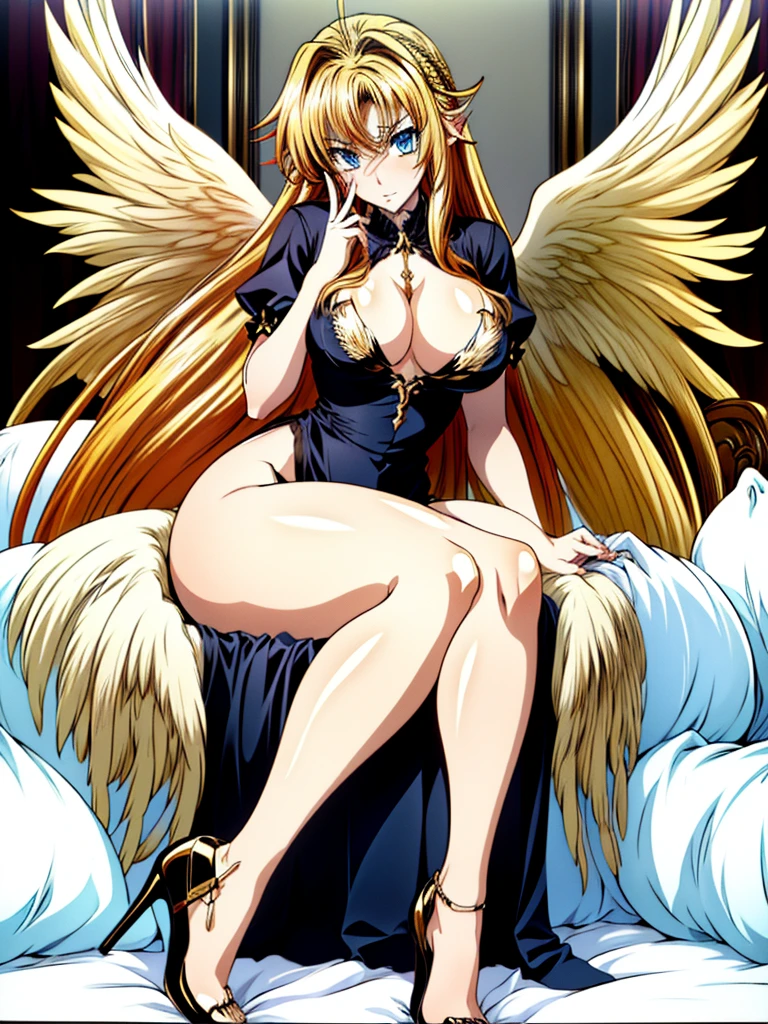 gran calidad ++ Extremely detailed high resolution, very aesthetic, ojos expresivos, (((Cara perfecta))), (((face symmetrical))), ((good anatomy)), (((manos perfectas))), (((8k))), UHD, Fondo de pantalla HD, (((alta calidra detallada, (((1girl))), rias gremory, ((((golden hair)))), long hair, reaches down to thighs with a single hair strand sticking out from the top hair also has loose bangs covering forehead and side bangs framing face, voluptuous body, large breast,mature woman, blonde hair, beehive hairstyle, blue eyes, blue dress in 50s style, blue heels, sitting in chair, in hair salon, with a dumbfounded face, stepford make-up, looking at viewers, lay on bed, perfect finger shape, the number of fingers not excessive, ((((wings of angels)))),
