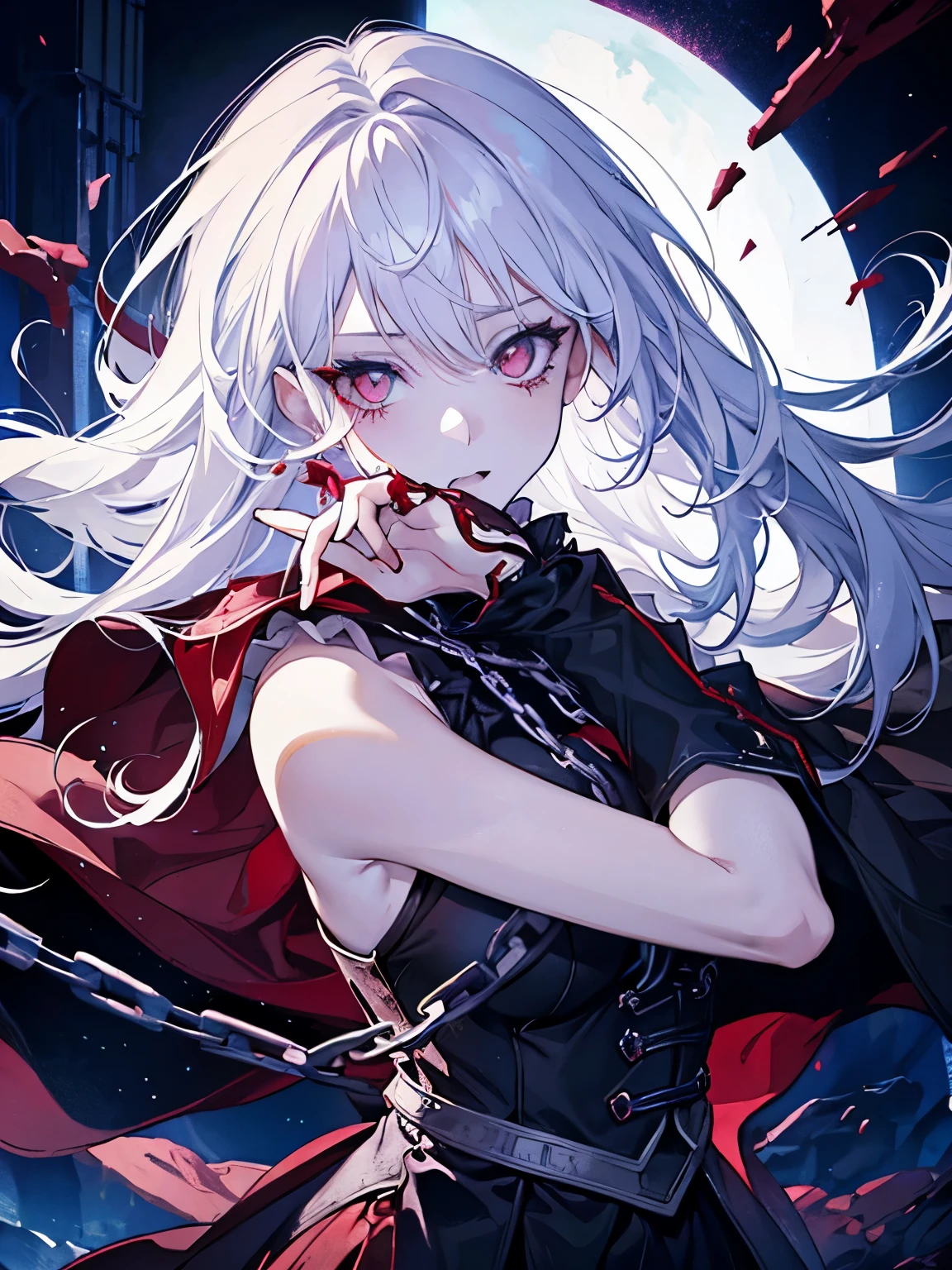 Girl in abyss, red eyes, white hair, fantasy, blood everywhere, [blood splatter], (chain) , deep abyss, blood sea, cold heart, (masterpiece), (best quality), perfect detailed, epic visual novel cover, detailed face, perfect eyes, 