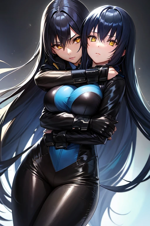 anime girl, blue and black hair, yellow eyes, long hair, leather suit, beautiful woman, hug,