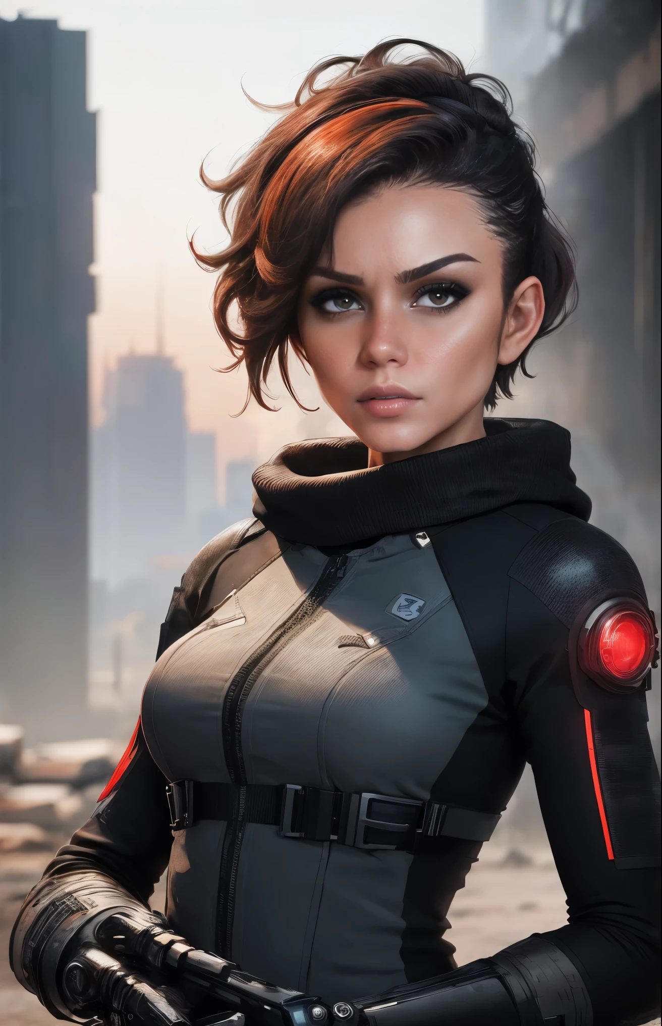 This is a hyper-detail、Ultra-high facial detail，High resolution and top quality CG Unity 8k wallpaper，The style is cyberpunk，Mainly black and red。In the picture, a beautiful girl with short hair with white messy hair appears，s delicate face，Wearing a steam mech，standing on ruins，The action of a woman holding a heavy sniper rifle in her hand