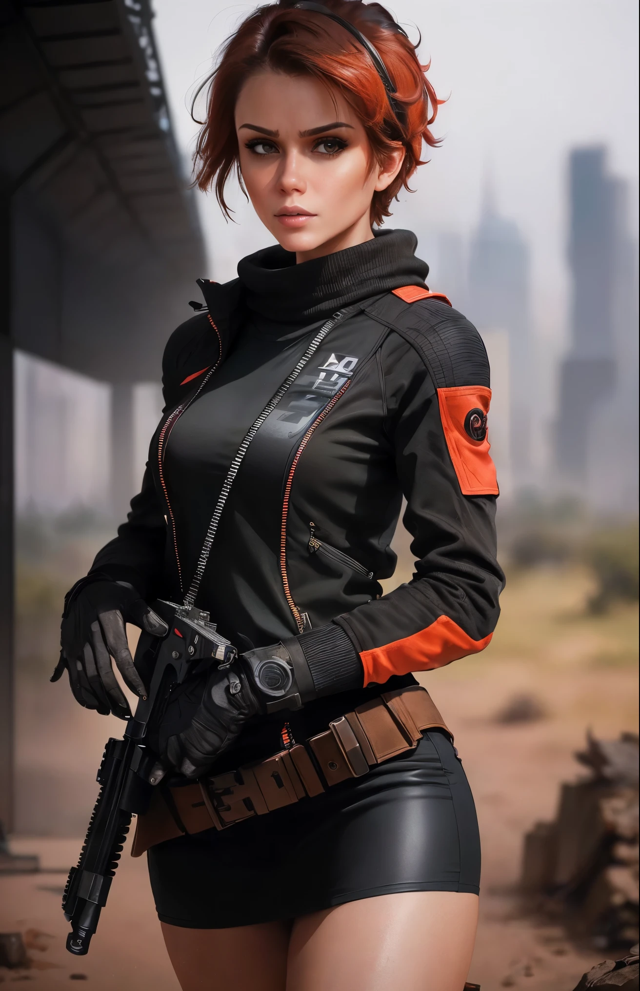 This is a hyper-detail、Ultra-high facial detail，High resolution and top quality CG Unity 8k wallpaper，The style is cyberpunk，Mainly black and red。In the picture, a beautiful girl with short hair with white messy hair appears，s delicate face，Wearing a steam mech，standing on ruins，The action of a woman holding a heavy sniper rifle in her hand