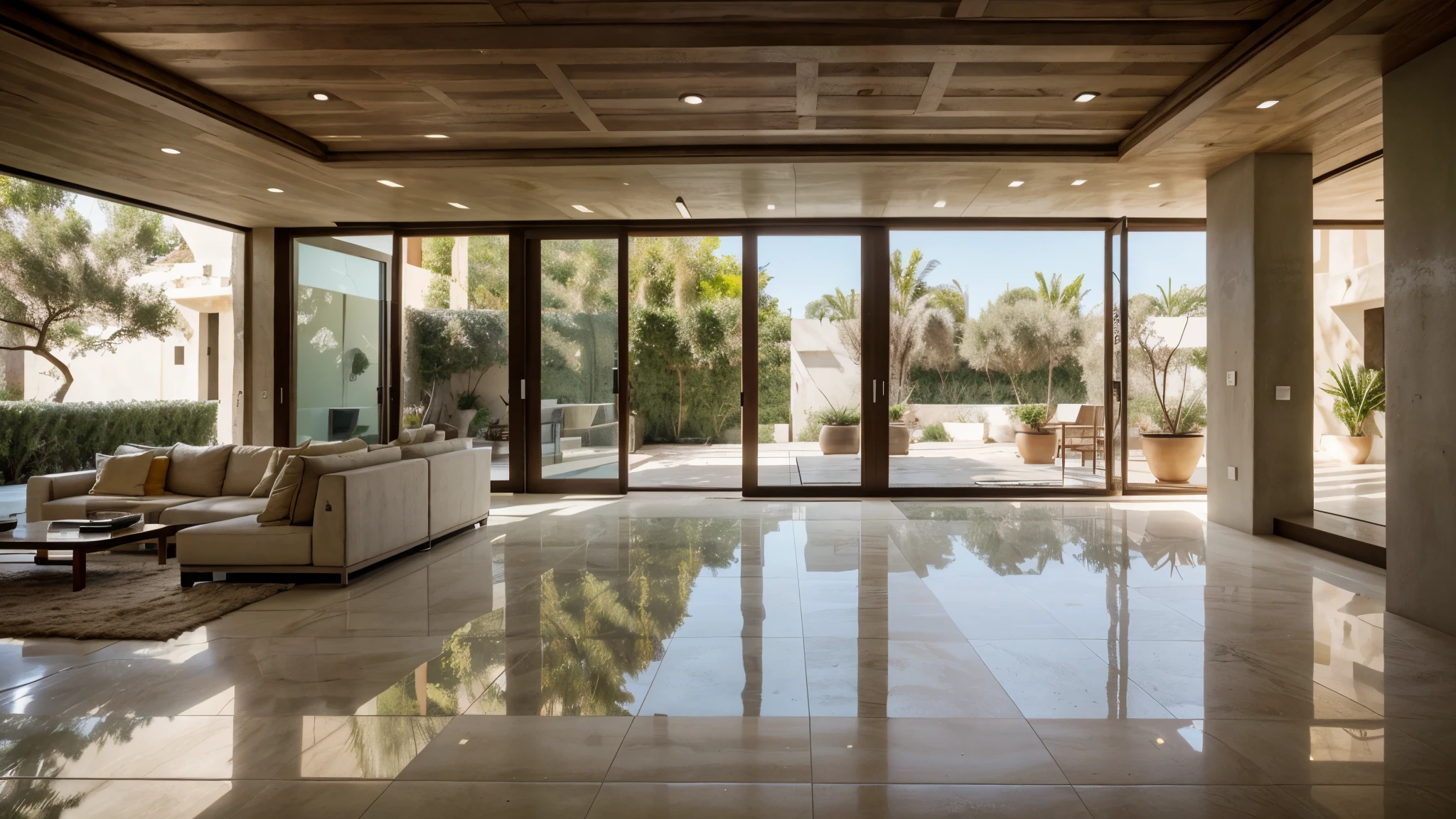 indoor space interior, exposed concrete material, Walnut flooring, well ceiling, luxury house, Beverly Hills, wide large window, mediterranean background, olive tree, Bright and cheerful atmosphere, front image