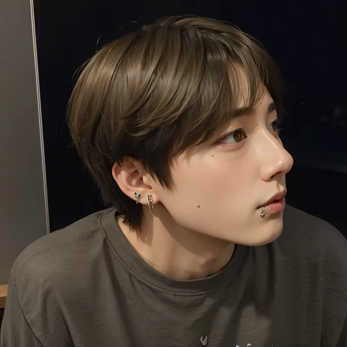 There's a man in a gray shirt and ear piercings, Jungkook, Kim Doyoung, cai xukun, taejune kim, 1 7 years old - thin-faced child, hyung tae, taken at the beginning of 2020, looking away from the camera, Wan lovely Korean face, Shin Jeongho, com cabelos curtos, BTS, dez Lee