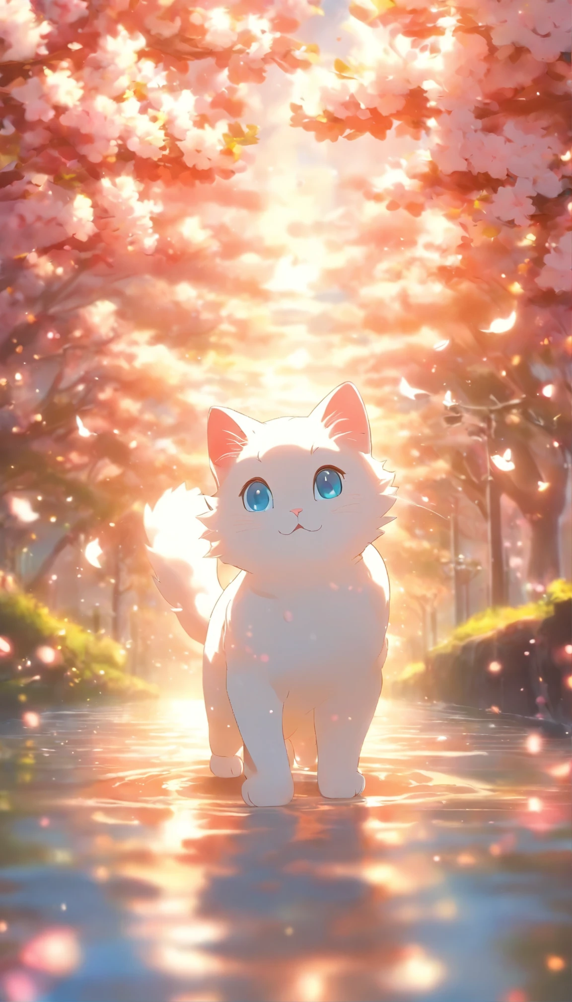 Cartoon White Cat, floating in the air, Rainbow Back, Around the cherry blossoms, high definition, cinematic lighting, motion blur, color difference, hyper hd, masterpiece, super detail, high definitions, high quality, Award-winning, 最high quality, High resolution