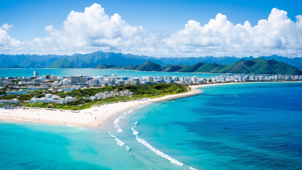 South Island、blue sea、white sand beach、Clear skies、strong sunlight、photograph、fantasy