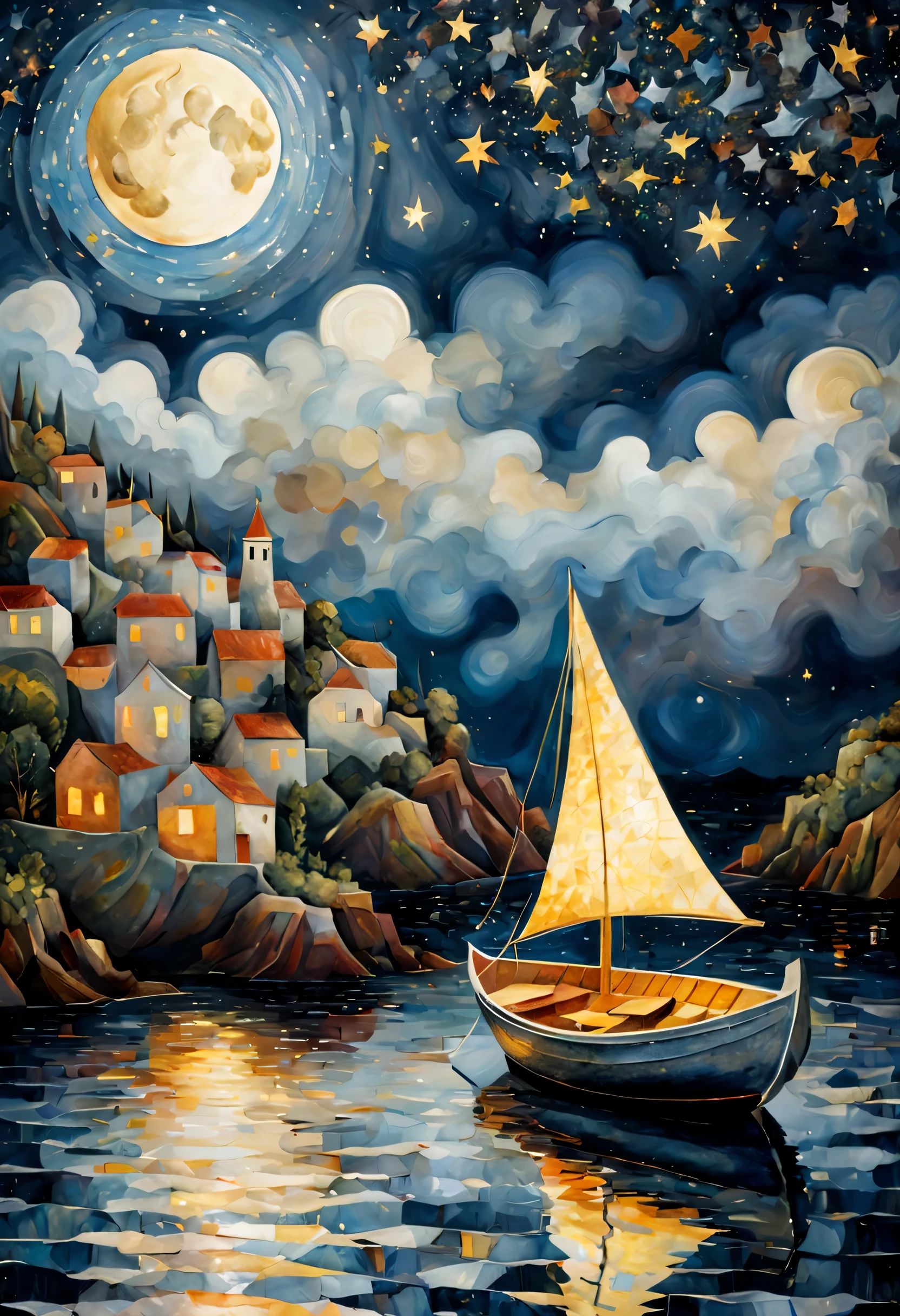 Illuminated ("The moon, a silver boat, sails through the sea of stars, painting dreams on the night sky.":1.2) , Suffering, hillside, Cubism, side lit, Selective focus, Kodachrome, gilded technique, Batik
