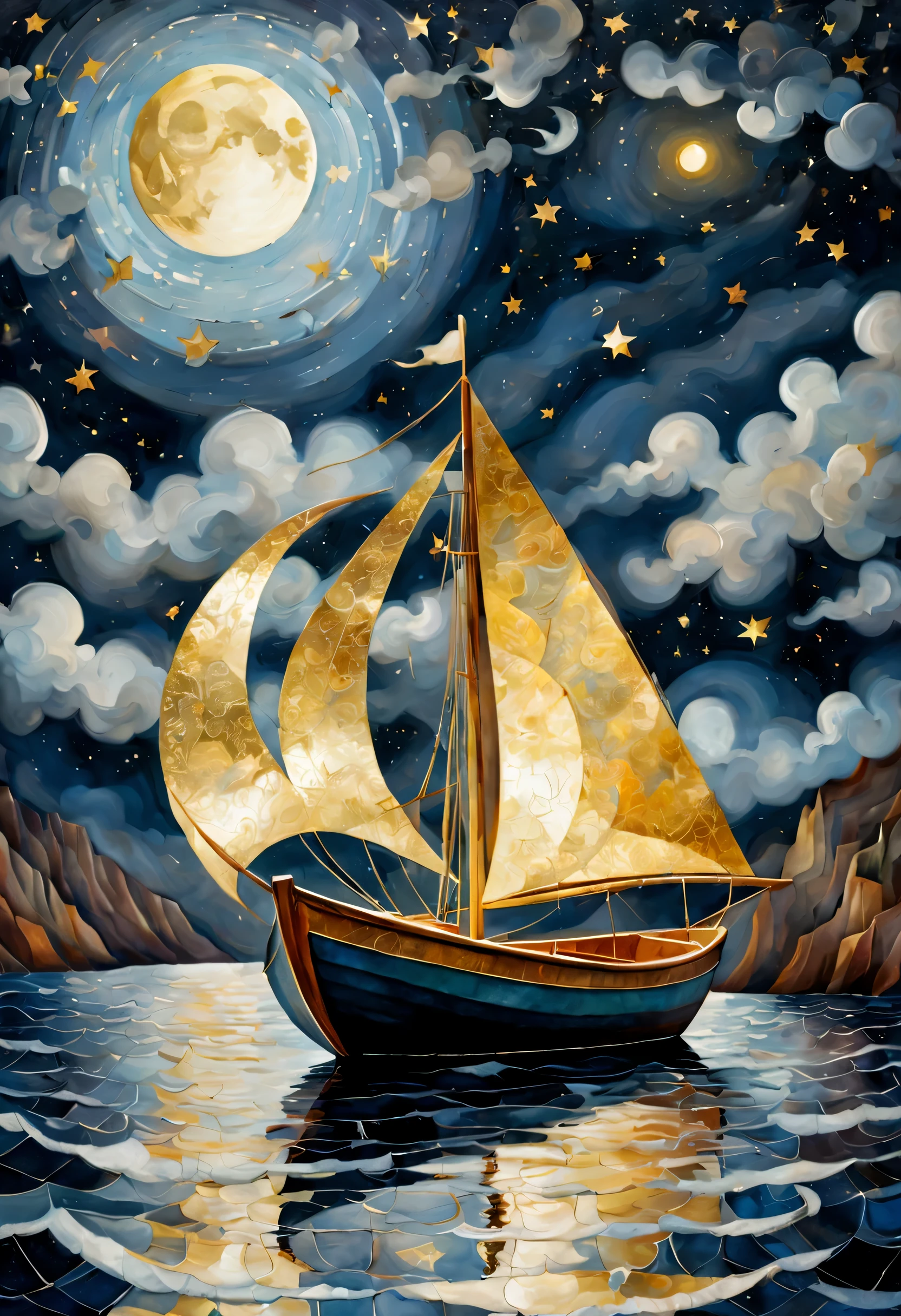 Illuminated ("The moon, a silver boat, sails through the sea of stars, painting dreams on the night sky.":1.2) , Suffering, hillside, Cubism, side lit, Selective focus, Kodachrome, gilded technique, Batik