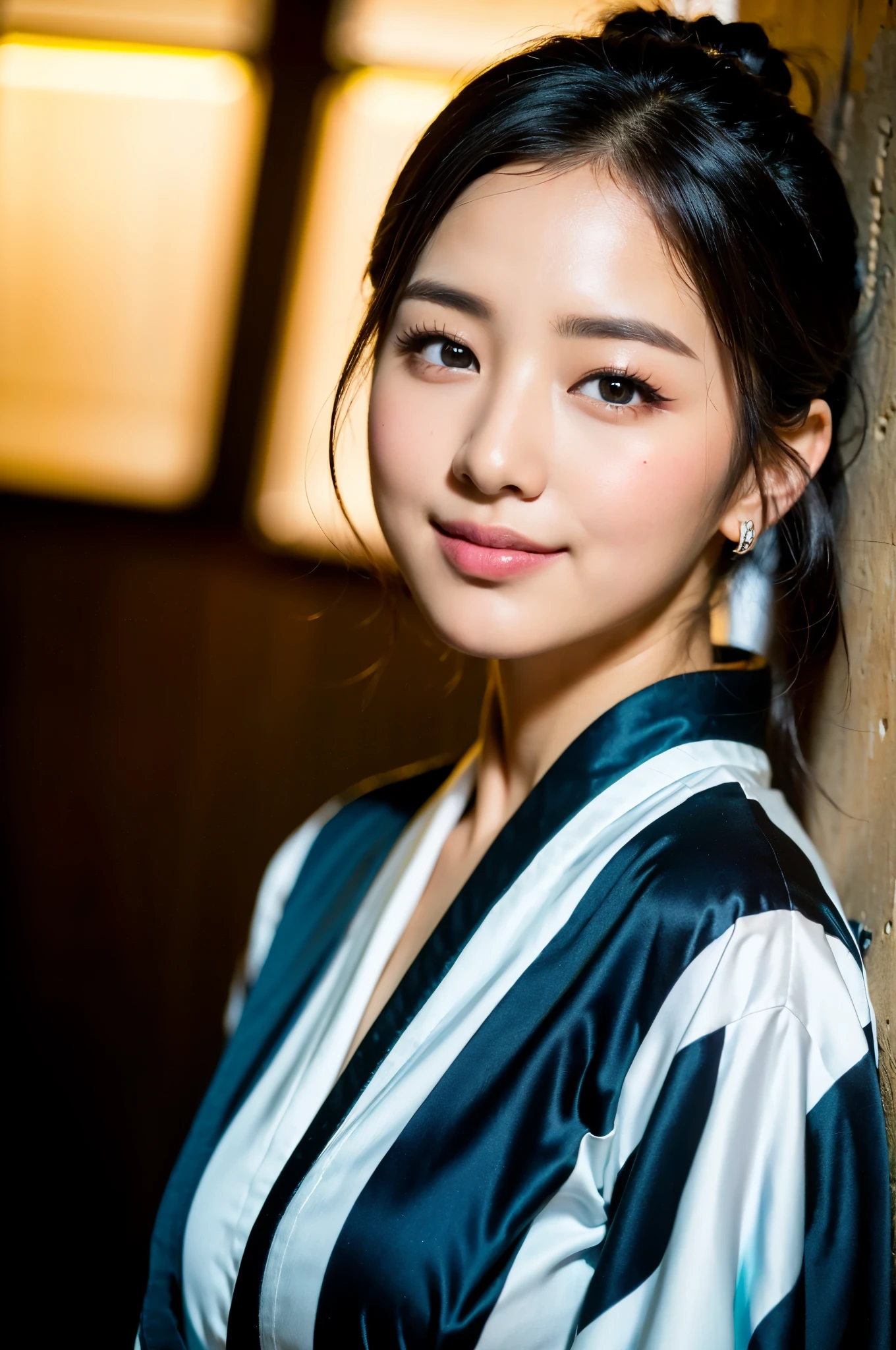 ((Top Quality, 8K, Masterpiece: 1.3)), Sharp Focus: 1.2, (Korean Cute Actress No.1), Realistic Photos (Shiny Skin), Black Hair, Wearing a Kimono, Realistic Pupils, Movie Lighting, Highly Detailed Eyes and Face, Smile