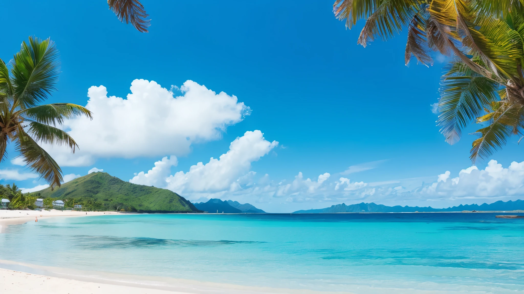 South Island、blue sea、white sand beach、Clear skies、strong sunlight、photograph、fantasy