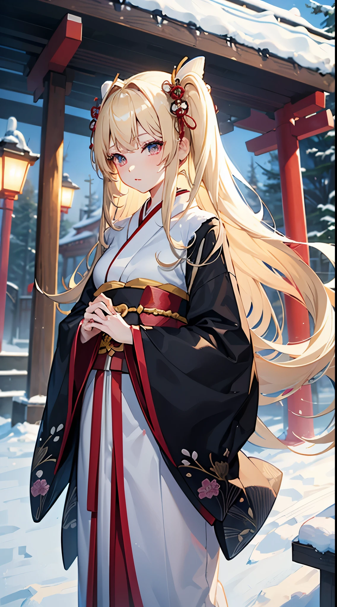 ((Best Quality)), (ultra-detailliert), ((Extremely detailed)), (Beautiful), ((Kawaii Girl)),  ((UHD)), (masterpiece), (high quality), (best quality), (4K), (high quality), 1, solo girl, 1girl, ((platinum blond hair)), parted bangs, ((hair intakes)), long hair, (hair two side up long), ((jade colored eyes)), slanted eyes, medium breasts, slender body, Furisode, long sleeved kimono, winter shinto shrine, anime