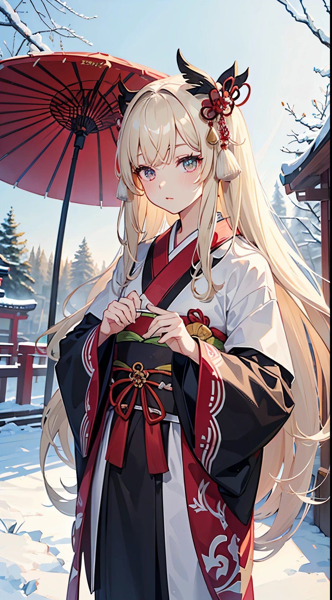 ((Best Quality)), (ultra-detailliert), ((Extremely detailed)), (Beautiful), ((Kawaii Girl)), ((UHD)), (masterpiece), (high quality), (best quality), (4K), (high quality), 1, solo girl, 1girl, ((platinum blond hair)), parted bangs, ((hair intakes)), long hair, (hair two side up long), ((jade colored eyes)), slanted eyes, medium breasts, slender body, Furisode, long sleeved kimono, winter shinto shrine, anime
