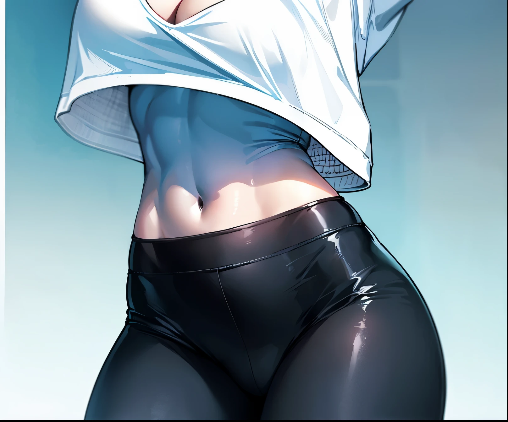 masterpiece:1.2, 1women, (30yers old), (best quality), (huge breasts:1.2), (beautiful toned thighs), (wide hips:1), (beautiful pumped abs), (real picture, intricate details, depth of field), attractive waist, tall toned abdomen, beautiful navel, sexy, ((dressed in a white loose-fitting top and sports black leggings)), (front view), torso frame, (torso focus),