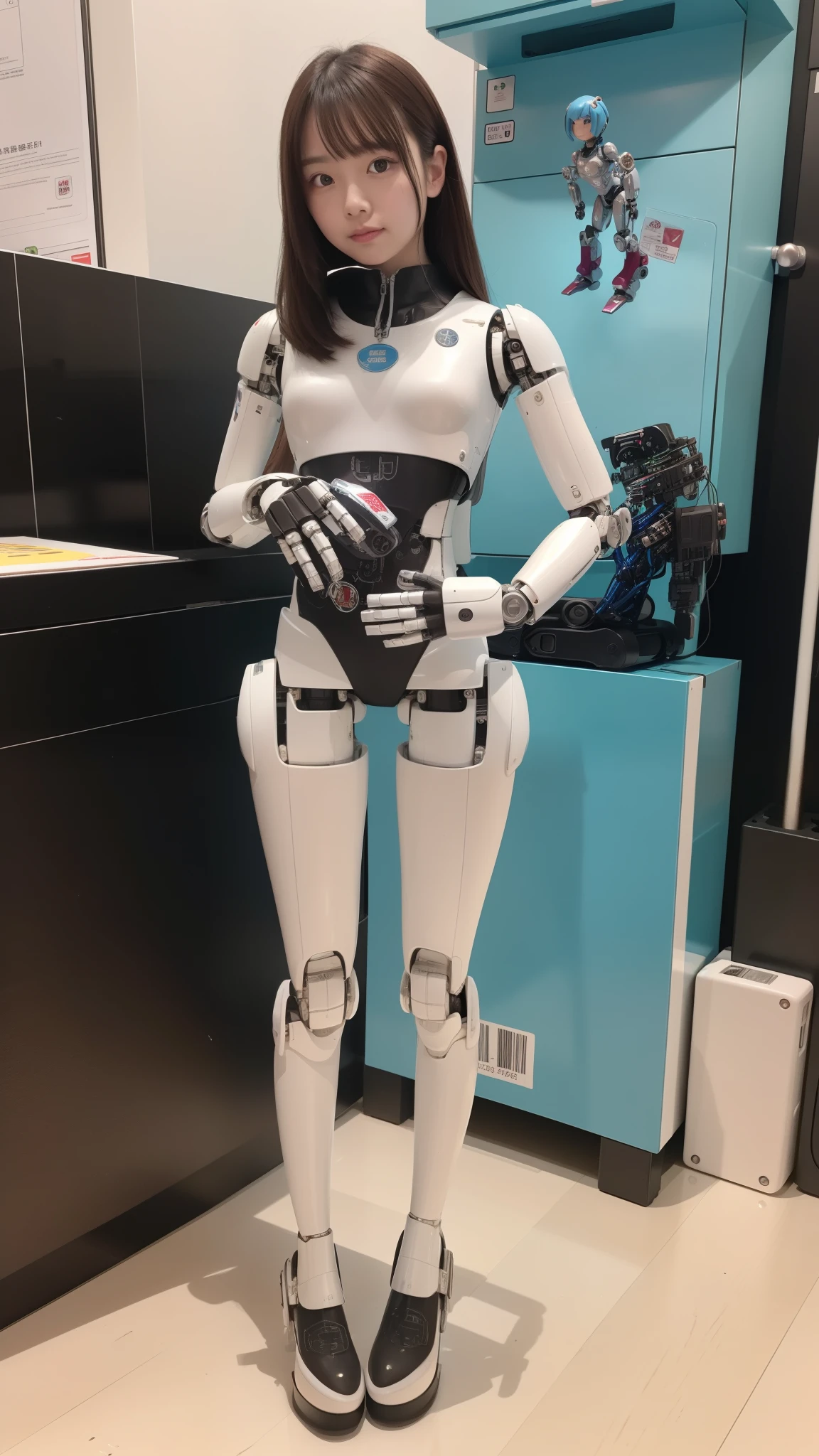 Robot Girl, Silver, Metallic body, Robot Parts, Metal Parts, Super Detailed Face, Super well-formed face, of the highest quality, a small face, small head, Brown hair, Slender body, Camera gaze, Internal Mechanical Exposure, Idol, front facing, Well-proportioned body, sale, Exhibited, Event Hall, Moe Pose, Standing with legs open, Model body type, sad, Embarrassing,(Perfect Robot Girl),(Perfect machine body)
