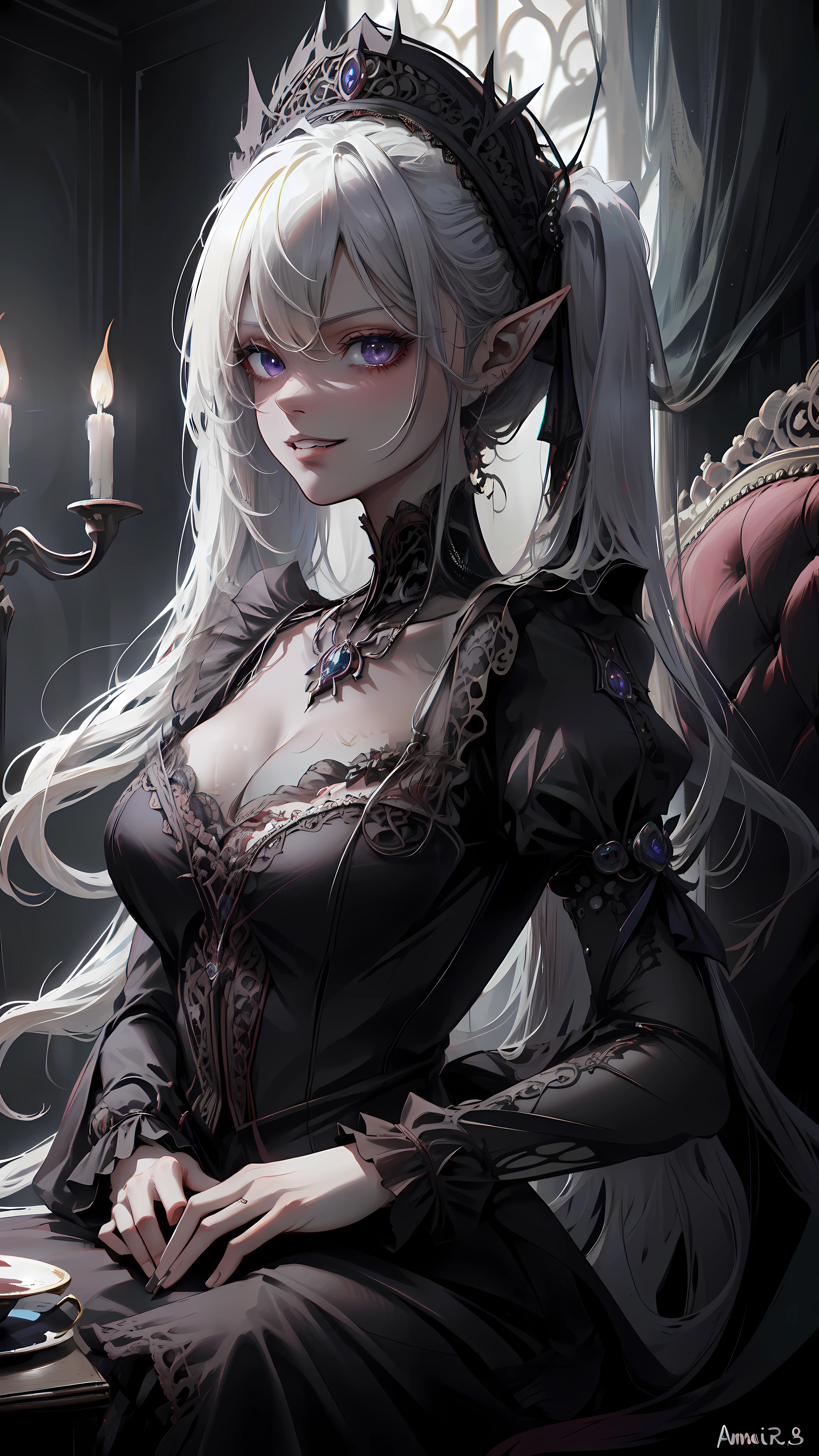 ((masterpiece )), (top quality), (best quality), ((ultra-detailed, 8k quality)), Aesthetics, volumetric lighting, (detailed line art), 
BREAK, 
highly detailed of ( dark elf), (1girl), perfect face, details eye, double pigtails hair, Blunt bangs, (hair between eye), blonde white hair, violet eyes, eyelashes, eyeshadow, pink eyeshadow, light smile, design art by Artgerm, by Kawacy, By Yoshitaka Amano,
BREAK,
portrait, frensh maid in a frensh maid outfit, victorian goth maid, headdress, indoors, ((antique victorian mansion)), dusty, dimly lit, candleholders, covered in cobwebs, cowboy shot, dynamic angle, side table, dangling her feet, glaring, grin, looking at viewer, rests her chin on her hand, (graphic background, (plain background)), correct anatomy, amano yoshitaka, webbedtech, fuzzy organic webs, eroguronansensu, horror, ゴート, gothic artstyle,
BREAK, 
((perfect anatomy)), nice body, medium breast, extremely detailed finger, best hands, perfect face, beautiful face, beautiful eyes, perfect eyes, perfect fingers, (dark skin)