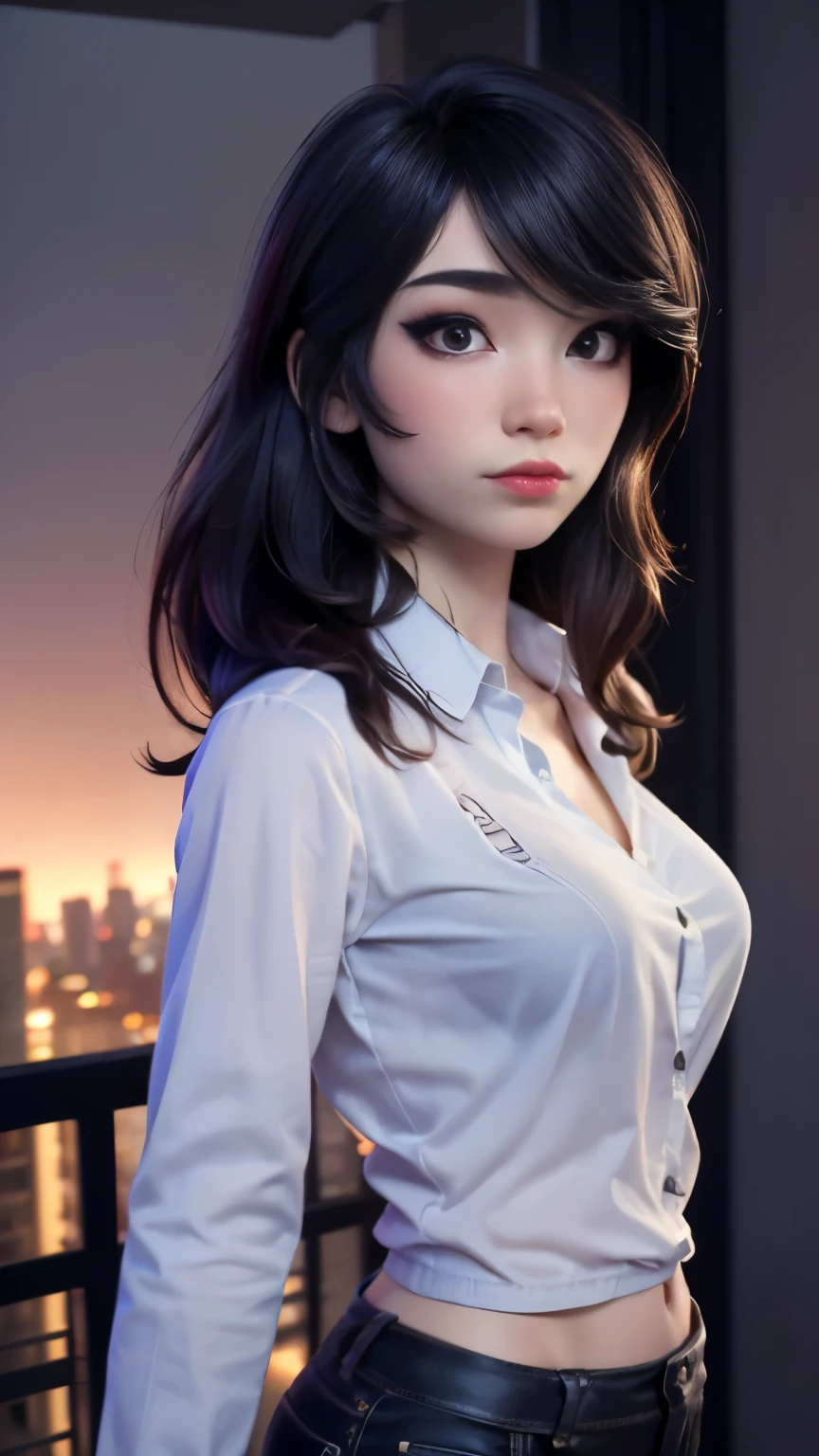 photo of Emiru, RAW, beautiful woman, ((portrait)), ((detailed face:1.2)), ((detailed facial feature, detailed skin, clear skin), (perfect proportioned body), arched back, (wearing a long sleeve shirt and nothing else:1.1) (high detailed city environment, apartment balcony), (realistic photo, best quality, detailed), (8k wallpaper), (cinematic lighting, dramatic lighting) (sharp focus, intricate)