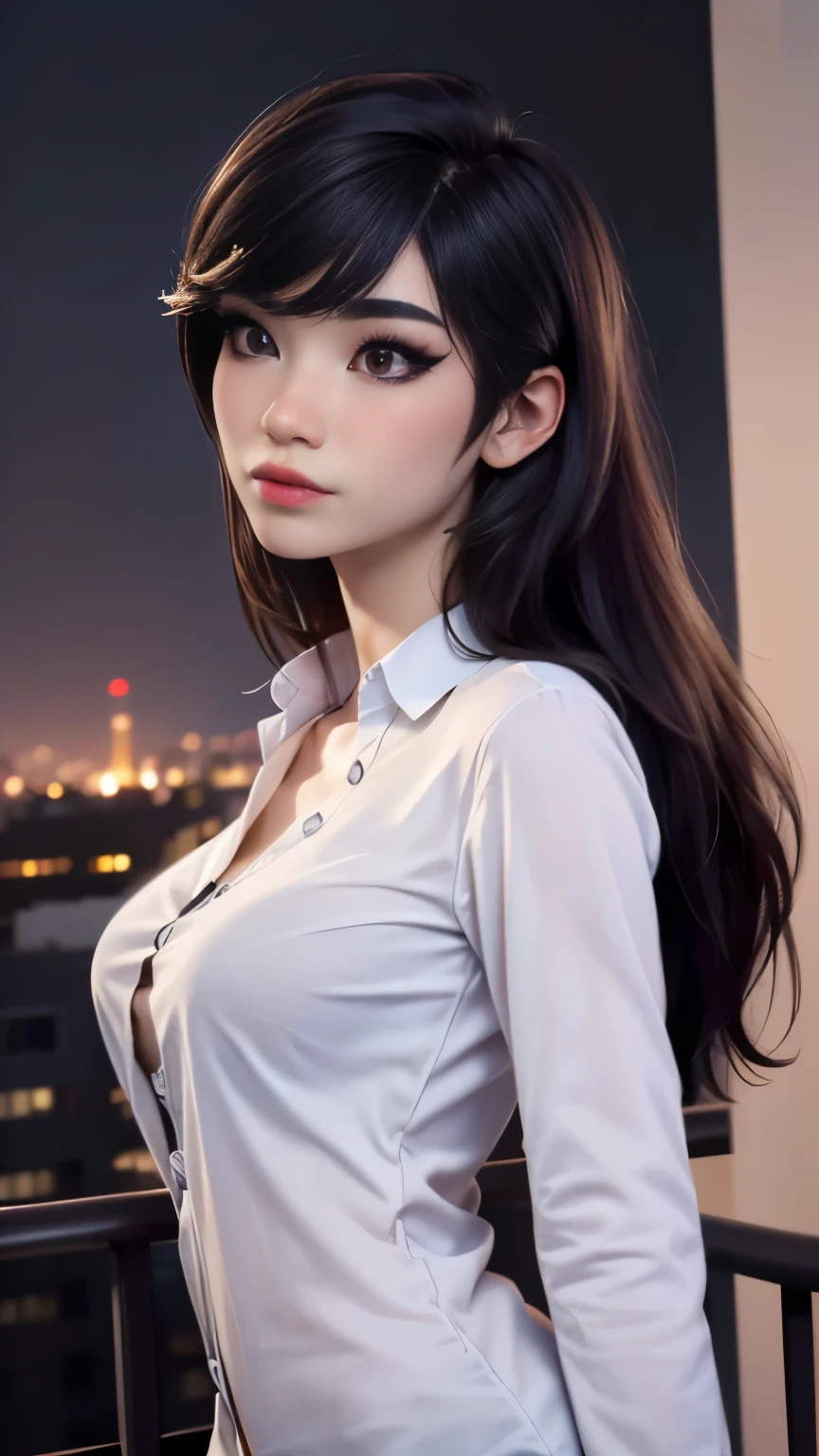 photo of Emiru, RAW, beautiful woman, ((portrait)), ((detailed face:1.2)), ((detailed facial feature, detailed skin, clear skin), (perfect proportioned body), arched back, (wearing a long sleeve shirt and nothing else:1.1) (high detailed city environment, apartment balcony), (realistic photo, best quality, detailed), (8k wallpaper), (cinematic lighting, dramatic lighting) (sharp focus, intricate)