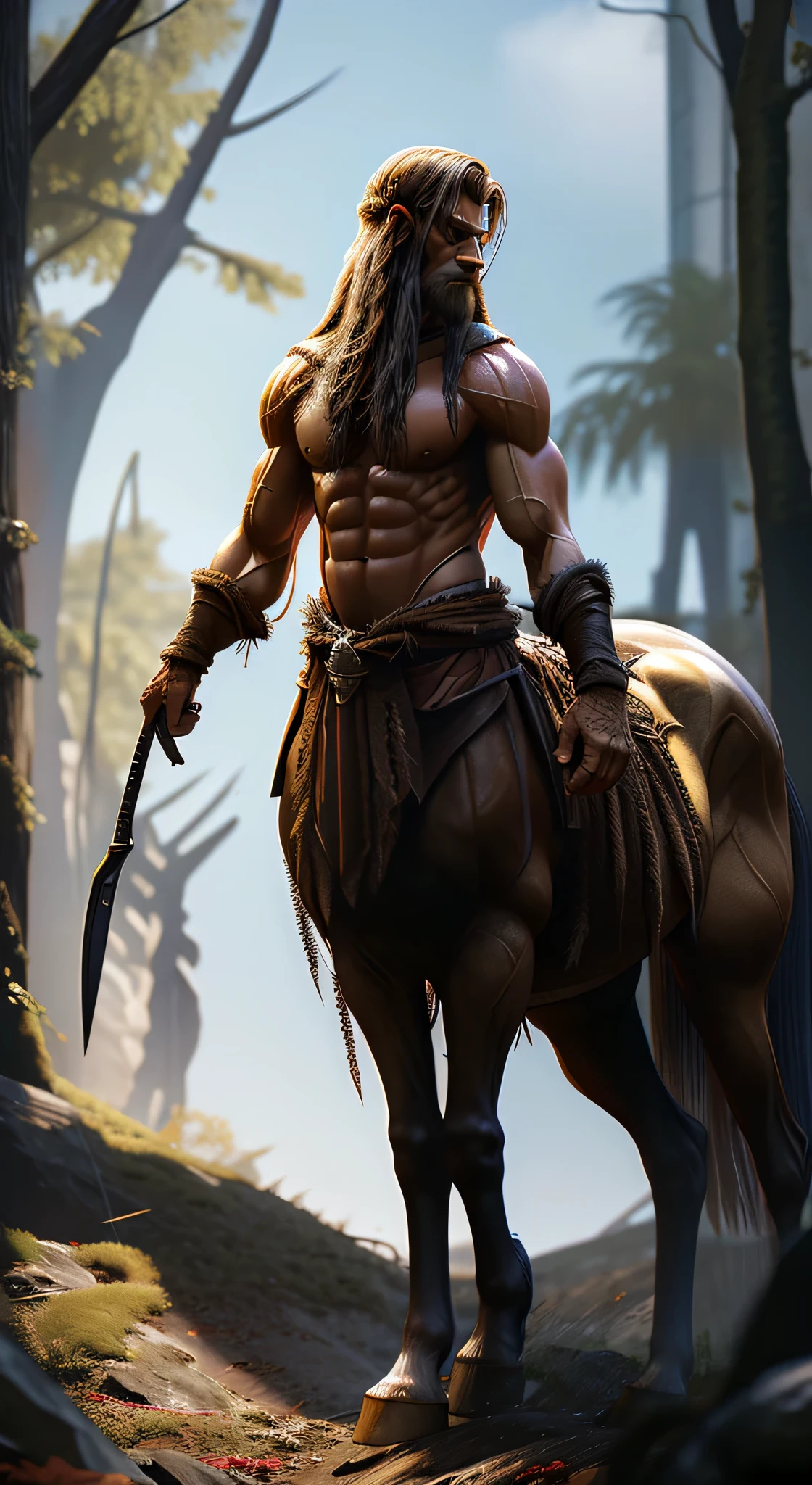 highly detailed full body full color cinematic photo of a female ((centaur)), portrait, holding weapon, weapon, realistic, depth of field, blurry background, distant medieval town, photorealistic, analogue photography, edge lighting