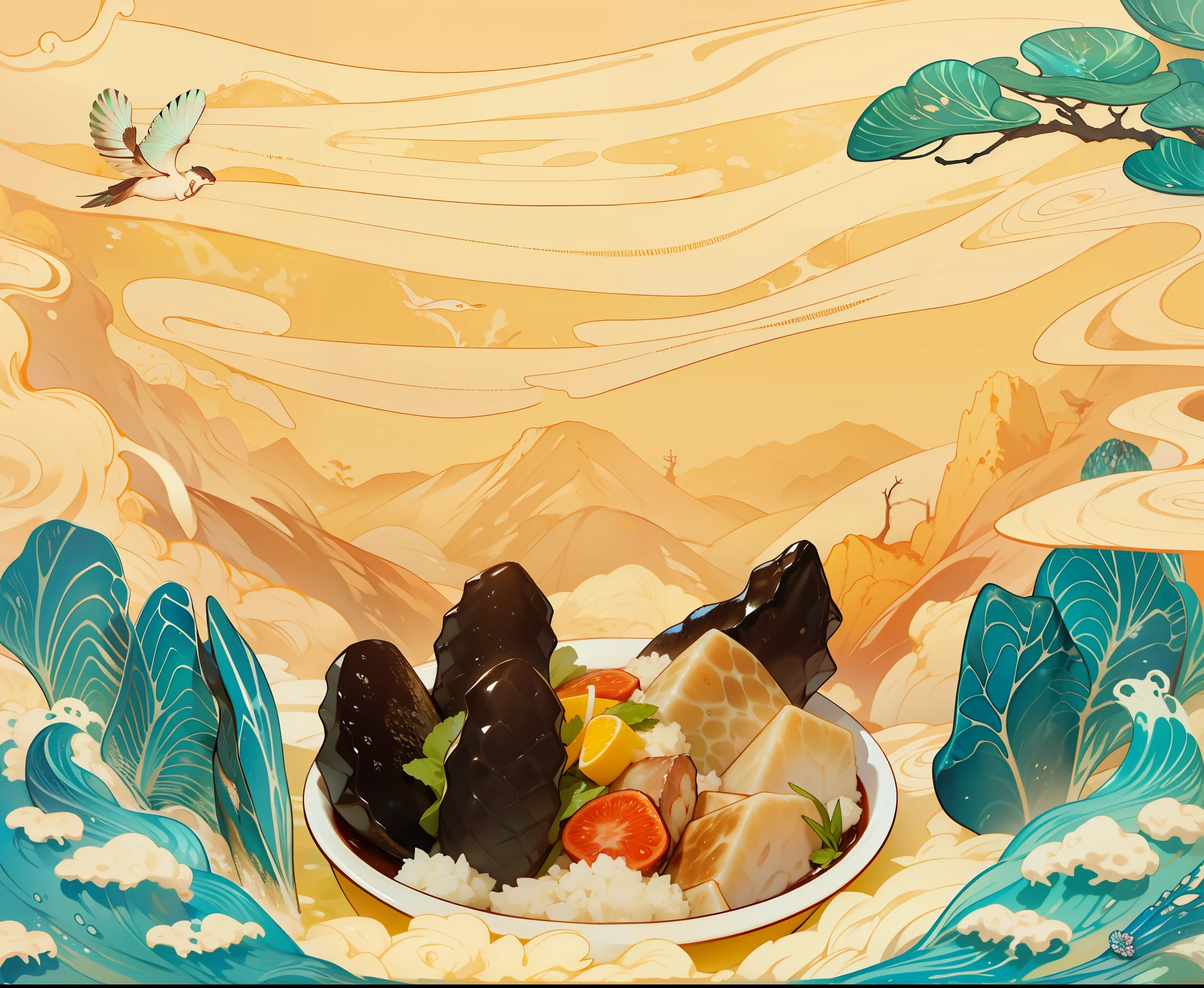 Xiangyun，Mountain，seawater，Ripe，There are sea cucumbers in the big bowl，abalone，gourmet food，，8k --s50
