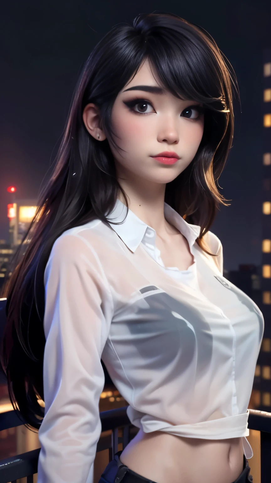 photo of Emiru, RAW, beautiful woman, ((portrait)), ((detailed face:1.2)), ((detailed facial feature, detailed skin, clear skin), (perfect proportioned body), arched back, (wearing a see through wet long sleeve shirt and nothing else:1.1) (high detailed city environment, apartment balcony), (realistic photo, best quality, detailed), (8k wallpaper), (cinematic lighting, dramatic lighting) (sharp focus, intricate)