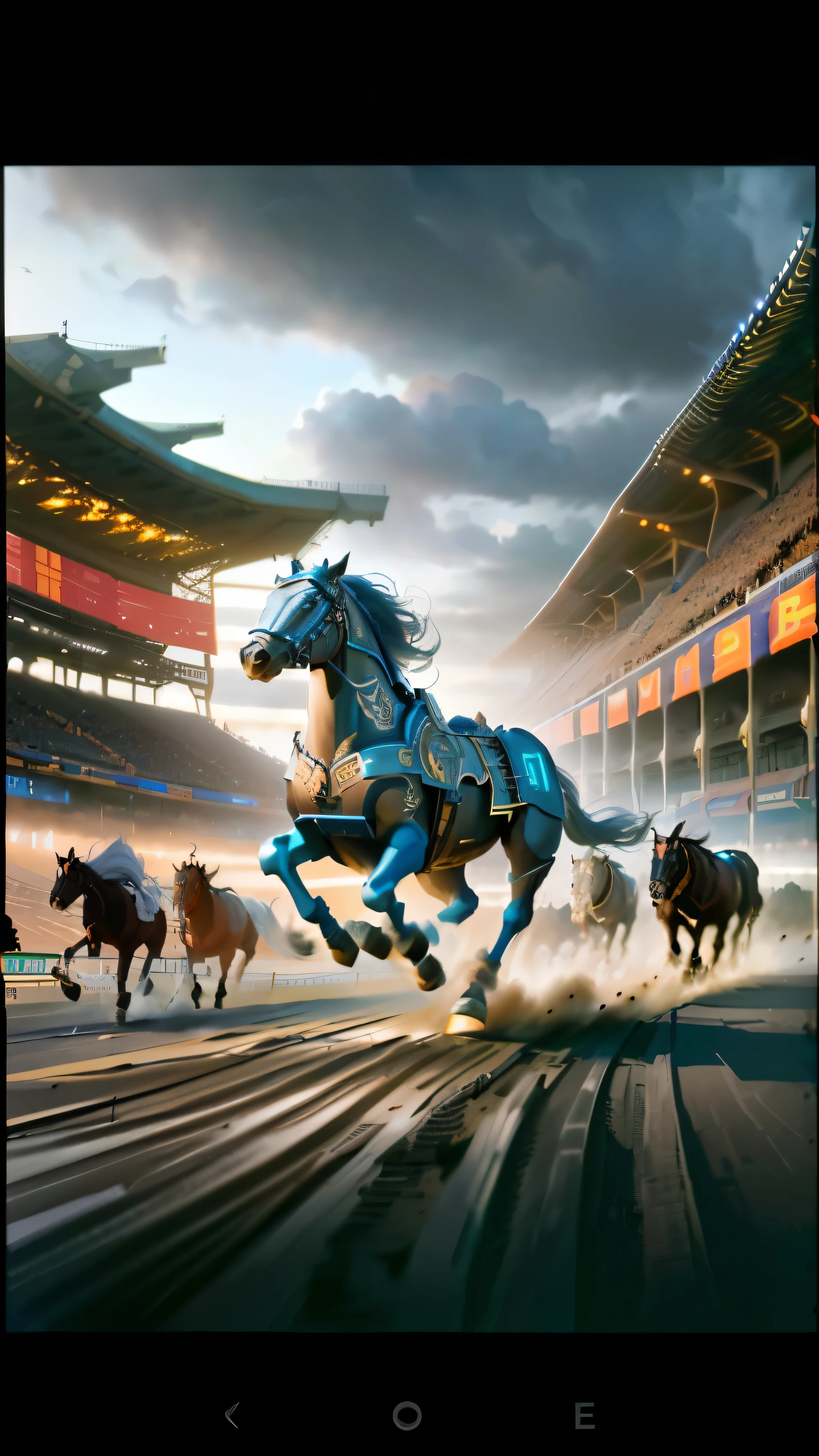 Horses racing in stadium with sky background, concept art, digital horse, horse warrior, Ancient Mongolia Elon Musk, steampunk horse, android jones and raz, , Beeple's masterpiece, collectible card art, New artificial intelligence race, centaur horse, 卡拉德许concept art. Mechanical, steel bull market, Chinese hyper reality