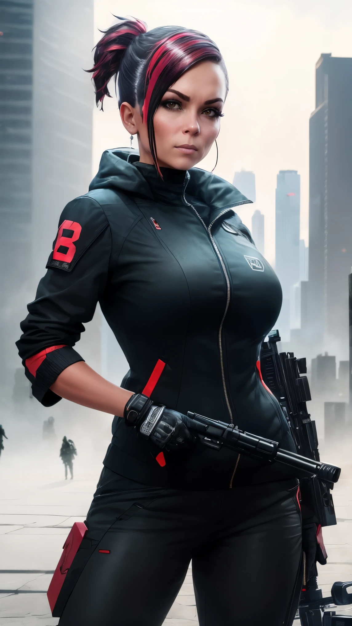 (Looking at viewer), This is a hyper-detail、Ultra-high facial detail，High resolution and top quality CG Unity 8k wallpaper，The style is cyberpunk，Mainly black and red。In the picture, a beautiful girl with short hair with white messy hair appears，s delicate face，Wearing a steam mech，standing on ruins，The action of a woman holding a heavy sniper rifle in her hand