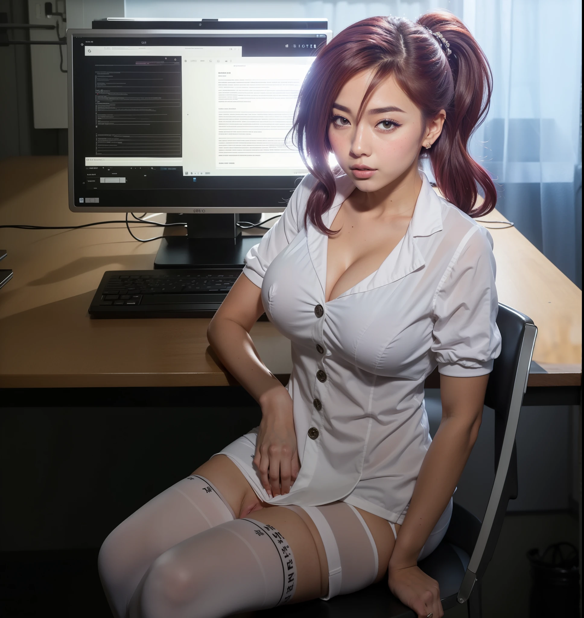 photograph of-realistic (1 Royal Sister Korean star) hair slicked back, White skin, thin makeup, 32 inch breast size, A slight smil, Wear a purple patterned camisole jacket, Stand in front of the hut, Full body portrait, hyper HD,Cocked buttocks, big tits:1.5 , sexy lips,