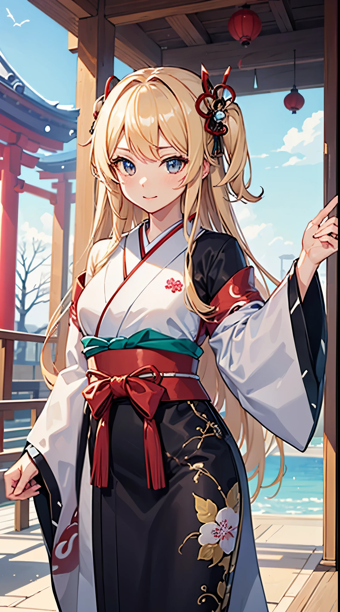 (((masterpiece: 1.5, best quality: 1.2, high resolution, super resolution, ultra detailed: 1.3, rich background: 1.4))), (close up), (1girl), solo, green eyes, blonde long hair tied with blue ribbon, hair ornament, blunt bangs, smiling, highschool girl, medium breast, ((cleavage)), (perfect fingers), ((hand on the air)), japanese clothes, (blue short pattern kimono), sandals, ribbon, obi, ((outdoor)), cherry blossom, (torii gate), stone staircase, sky (afternoon), cherry blossoms fall, ((dramatic light: 1.3)), cloudy, (fuji scenery behind)