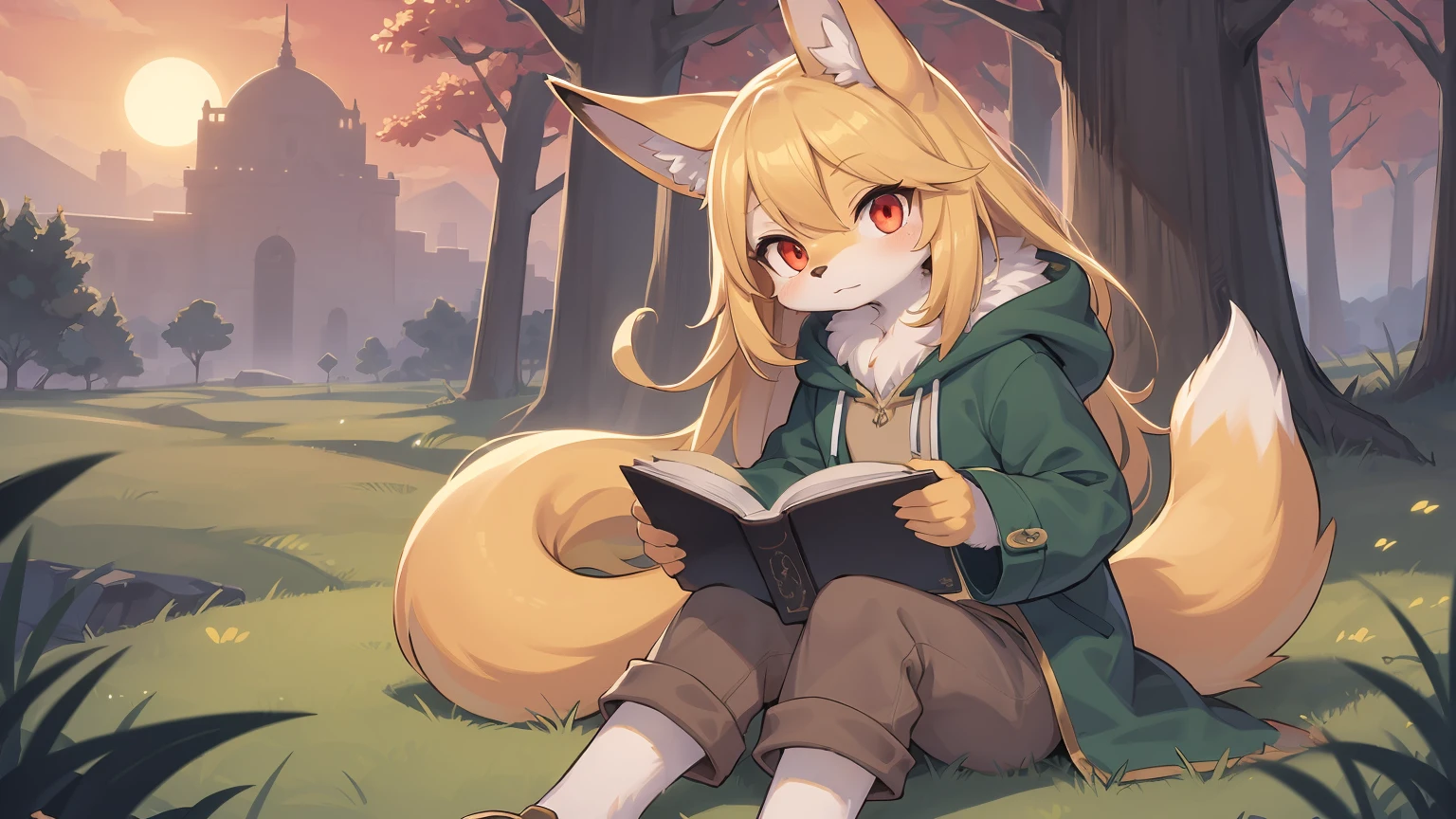 shota the fox, child, was hairy, shaggy, skin fur, smooth lashes, golden fur, forelimb hands, straight long blonde hair, solid circle eyes, golden ears, golden fur, golden facial fur, shiny hair, red eyes, super cute face, 1fox tail, fluffy tail, furry tail, expressionless, glowing eyes, green coat green hood down, brown trousers, reading grimoire, sit on big tree, ambient light, ultra-fine fur, dashed eyes, full body, masterpiece, high quality, high-details, best quality, wide short, (((solo))), twilight, sun light, red sky, rim light