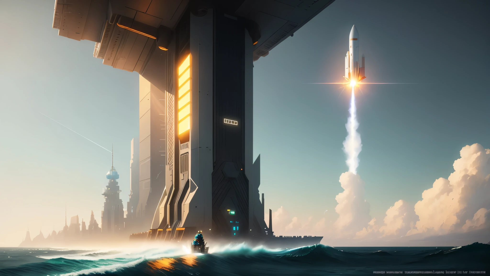 Rocket lunch over the in an empty  ocean concept art, low angle, high detail, warm lighting, volumetric, godrays, vivid, beautiful, trending on artstation, by Jordan grimmer, art greg rutkowskifull,Sunflower , incident sunlight, blue sky, illustration, beautiful landscape, sharp focus, digital art, abstract art, mdjrny-v4 style, dunes, ocean, 