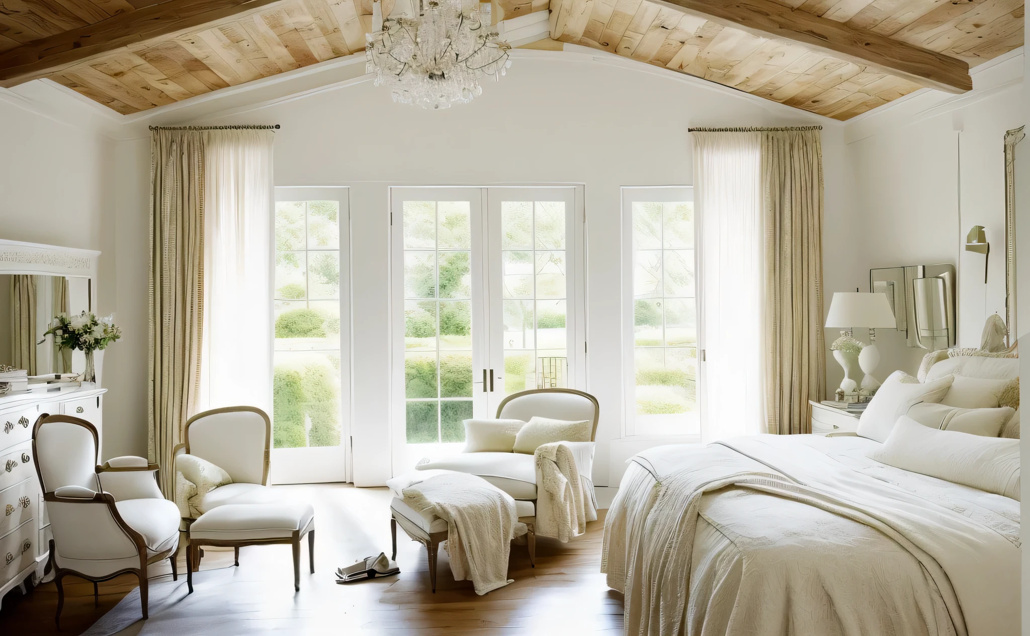 French-German bedroom with bed, Chair, Ottoman, and a chandelier, Cream and white color scheme, Hermosas Cortinas, Clear and smooth lines, soft natural light, subtle details, Clear and smooth lines, With natural light as background, subtle details, hanging curtains, beautiful aesthetic, real reality images, clear lines, visually clear & Clear, completely covered by curtains