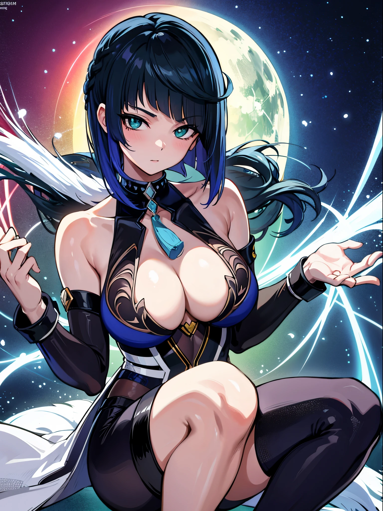 perfect body, sensual cleavage, medium breasts, black suit, feminine suit and tie, Ultra HD, 4k image, view of the character from above, best image quality, artistic press, 超高分辨率, (fidelity: 1.4), photoreal, 1 agent, light green globe eyes, eyelashes, beautiful pupil, shadows, slight blush, delicate facial features, reasonable facial features, bare shoulders exposed, waist exposed