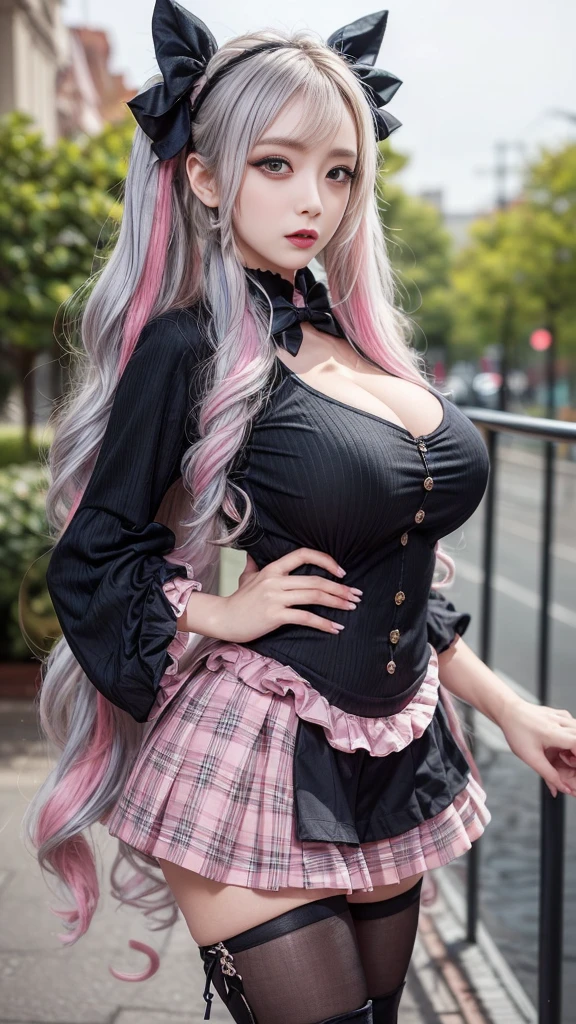 韓国のmature woman,standing in front of the park,(((T Masterpiece))), ((best quality)), ((intricate details)), ((ultra realistic realism)), stupid solution, mature woman, ripe woman, very detailed, An illustration,((large breasts)), perfect hands, detailed fingers, beautiful detailed eyes,(Very long twin tail wavy hair with silver and pink two-tone hair color:1.5), (((Korean style long sleeve gothic ta costume:1.6, frills, Super mini pleated skirt with plaid pattern, Fishnet tights, black platform knee boots))),Detailed background, perfect eyes, enchanting eyes,mouth slightly open, (((One girl with huge breasts that looks like it's going to explode:1.2)))