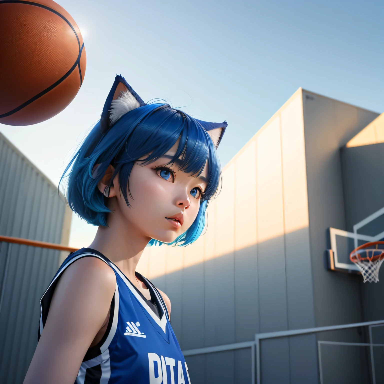 (8k, HDR, RAW photo, best quality, masterpiece:1.2, realistic lighting), medium shot view, korean girl, solo, serious expression, wearing blue basketball shirt, blue skirt, (bob cuts hair), ((sky blue hair)), (messy hair), path traced hair, (sky blue cat ears), ((sky blue eyes)), beauty eyes, (thin face), (flat chest), (small breasts), (basketball court:1.3), playing basketball, look up, upper body.