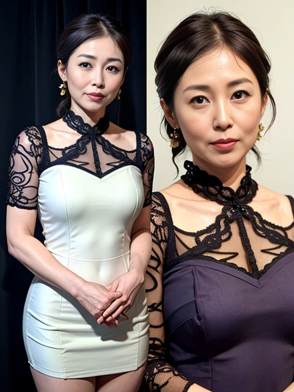 best quality, High resolution, Hires, skin definition, detailed skin, detailed eyes, detailed face, 4K, 日本人mature woman, (solo), (((60 years old))), (wrinkles at the corners of the eyes:1.6), (nasolabial folds:1.6), mature woman, sex appeal, sexy, fair skin, wavy long hair, Looking at Viewer,(((Very large breasts:1.28))), (((my skin is old))), ((muscles are old)), ((japanese model)), In 4K, 8K, (photoReality:1.5), Reality, ticker, Beautiful, Bimbo, Perfect makeup, eye make up:1.6, small diamond necklace, earrings, ((floral lingerie, sexyなランジェリー, high heels)),thick thighs, loose hips, wide hips, curve, full body photo,