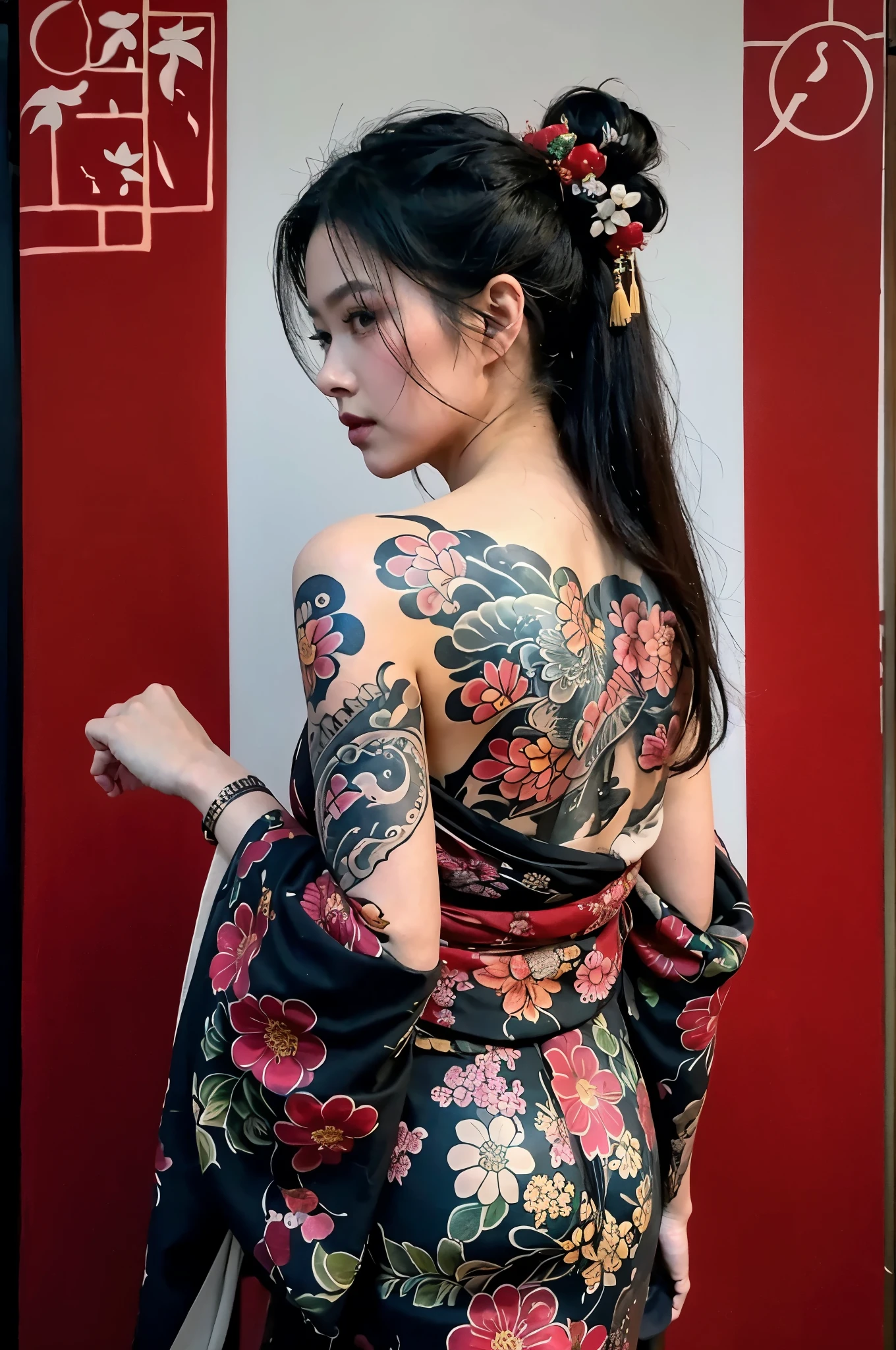 masterpiece, top quality, best quality, official art, beautiful and aesthetic:1.2),1girl, tattoo, solo, japanese clothes, red and black kimono, hair ornament, unsheathing, black hair, sheath, back tattoo, blue eyes, off shoulder, bare shoulders, looking back, from behind, flower, looking at viewer, holding, makeup, outdoor