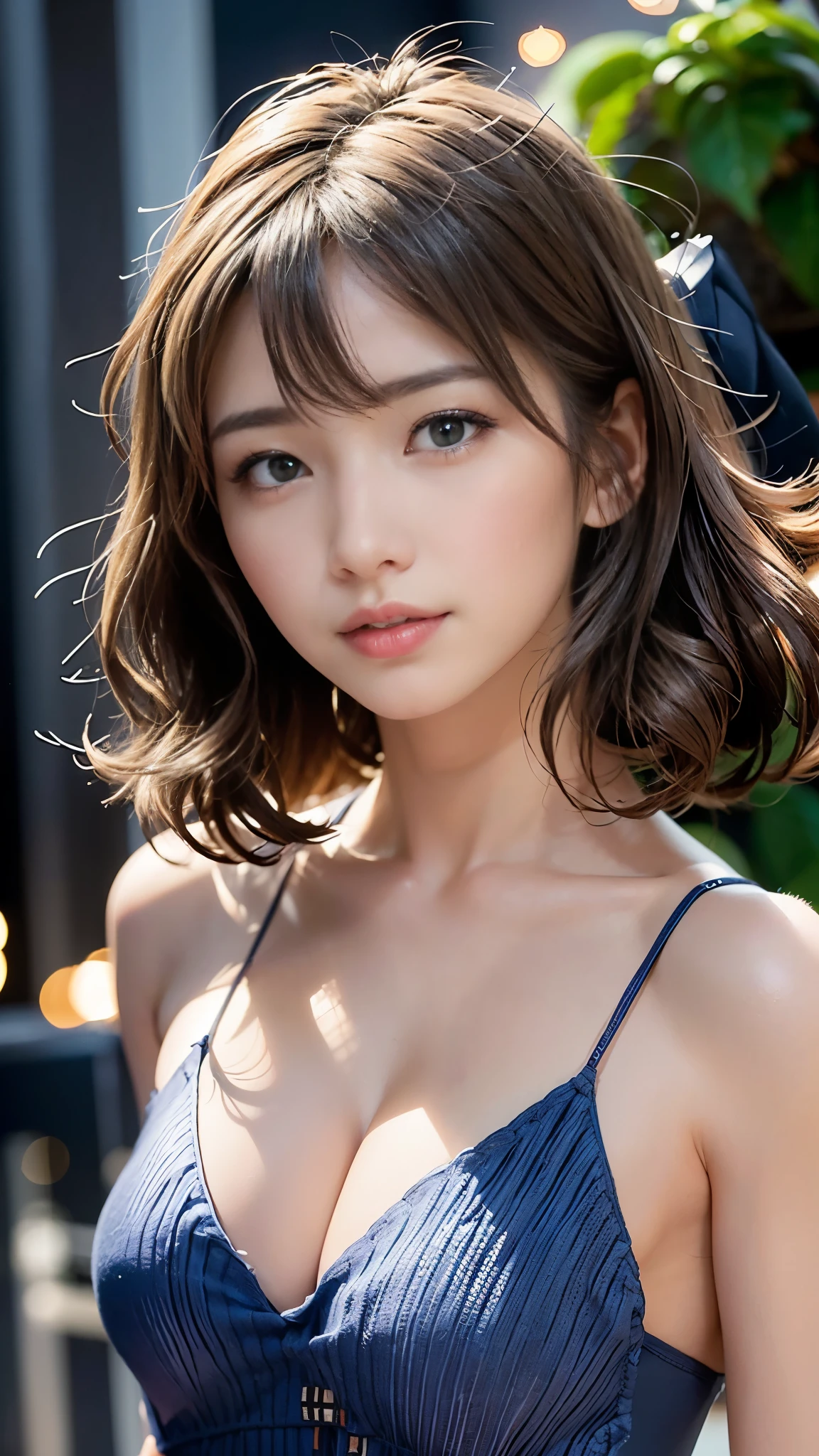 (Very cute 20 year old young woman from Japan), ((bright blonde delicate hair)), ((Short hair with side wave twintails)),(((Slender and slender body type))),medium bust size、small breasts、 (((clean hands))),(Curly/kinky hair),(((very sweet smile))), (((She is wearing navy blue and white lace panties))),(((She is wearing a navy blue and white knit dress.))) ,((top quality, 16 km race, muste piece: 1.3)), light on face, super detailed face, highly detailed lips, detailed eyes,